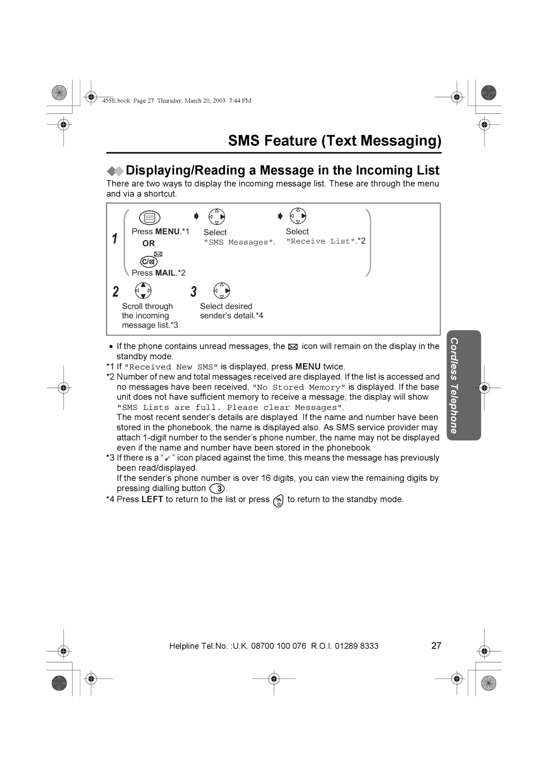 Panasonic KX-TCD455E Displaying/Reading a Message in the Incoming List, SMS Messages Receive List .*2 