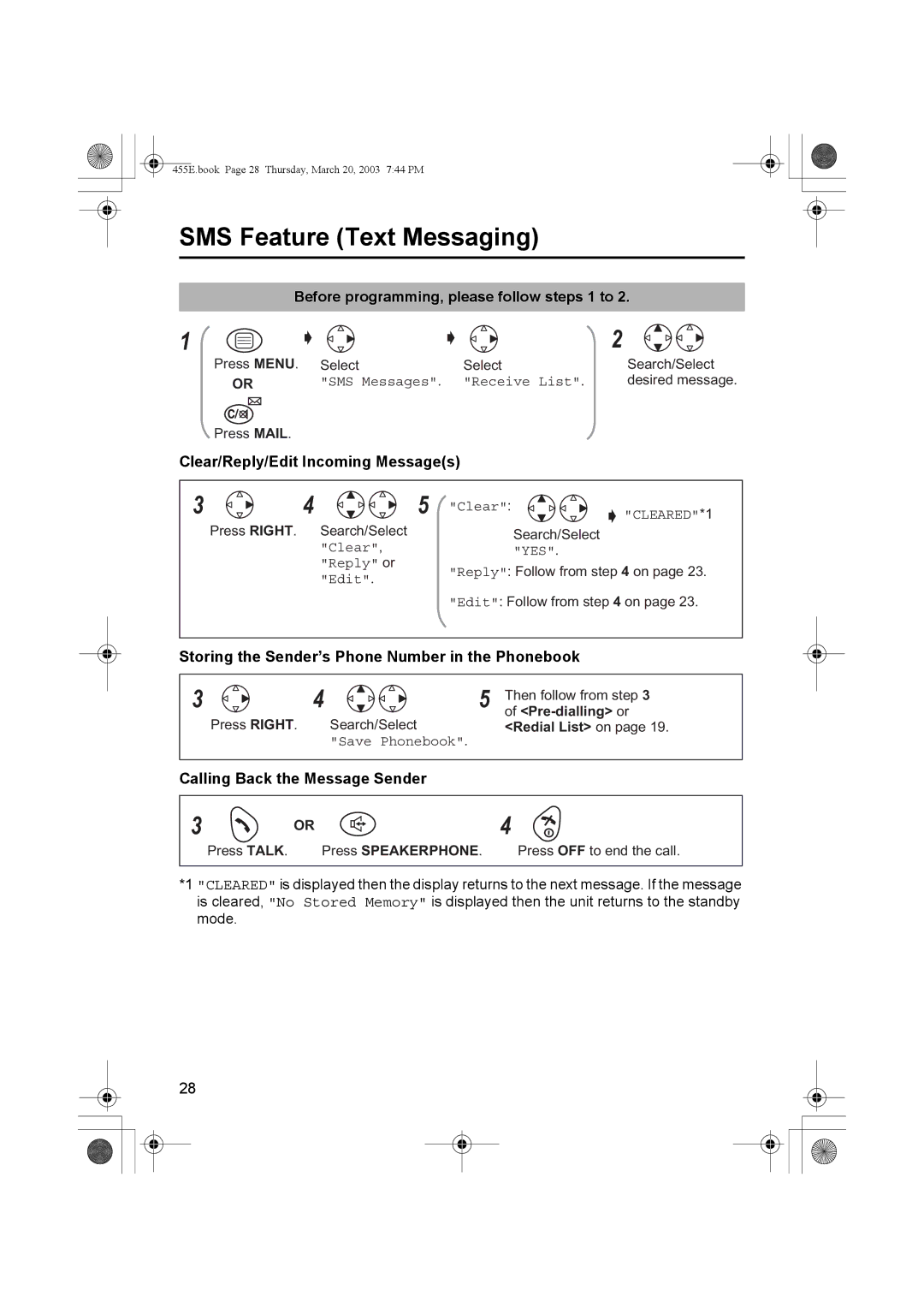 Panasonic KX-TCD455E Before programming, please follow steps 1 to, Clear/Reply/Edit Incoming Messages 