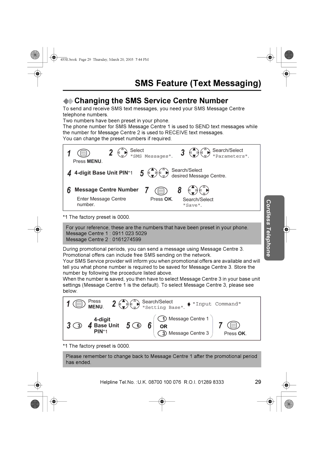 Panasonic KX-TCD455E Changing the SMS Service Centre Number, Digit Base Unit PIN *1, Message Centre Number 