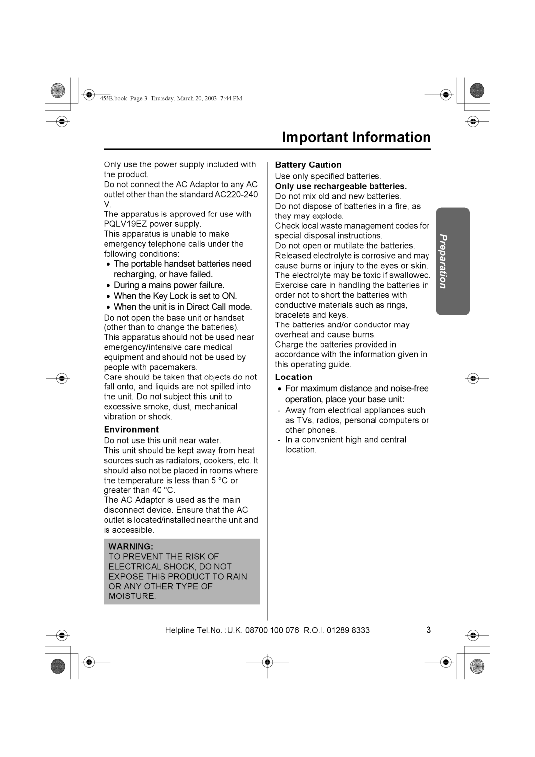 Panasonic KX-TCD455E operating instructions Important Information, Environment, Battery Caution, Location 