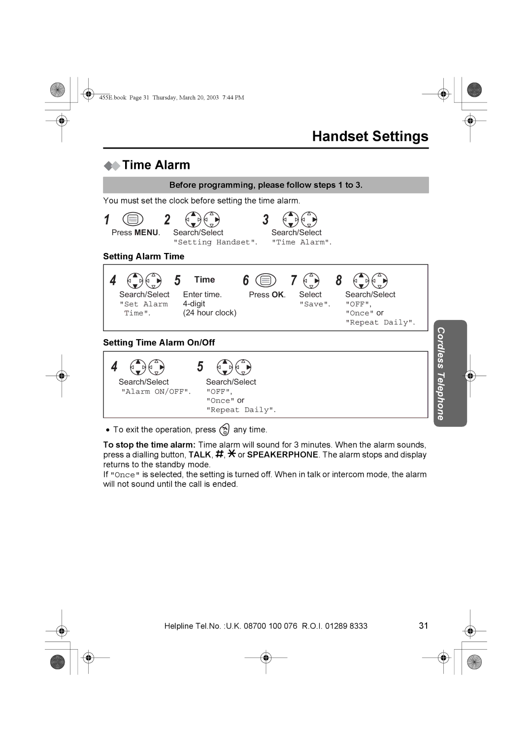 Panasonic KX-TCD455E operating instructions Handset Settings, Setting Alarm Time, Setting Time Alarm On/Off 