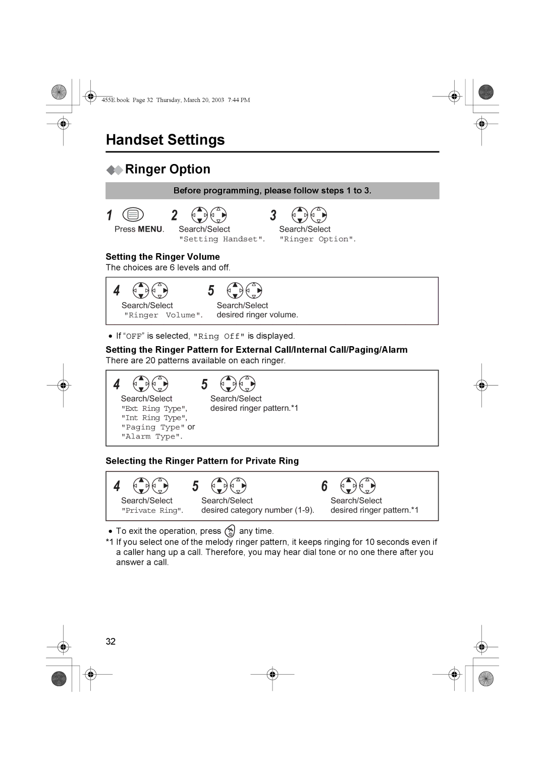 Panasonic KX-TCD455E Ringer Option, Setting the Ringer Volume, Selecting the Ringer Pattern for Private Ring 