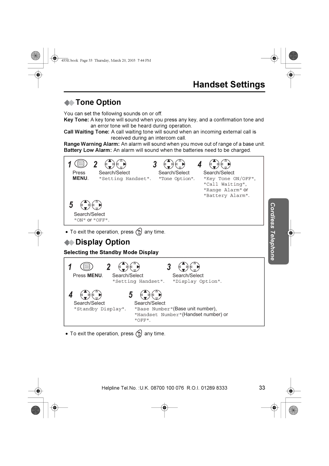 Panasonic KX-TCD455E operating instructions Tone Option, Display Option, Selecting the Standby Mode Display 