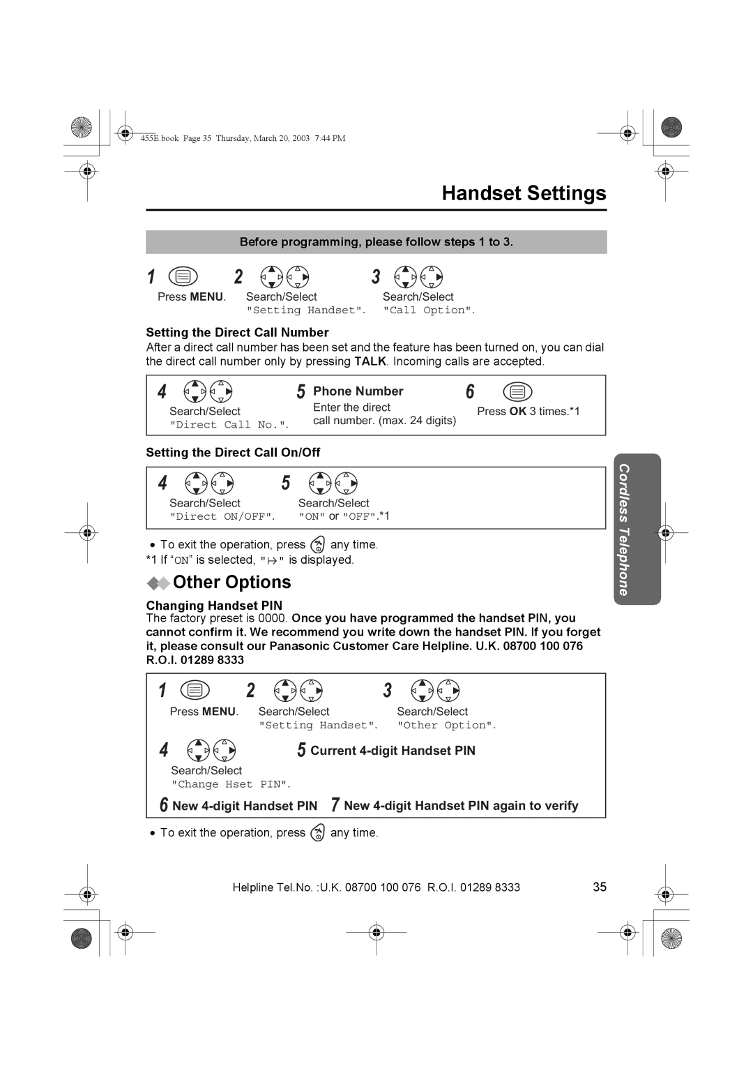 Panasonic KX-TCD455E operating instructions Other Options, Setting the Direct Call Number, Setting the Direct Call On/Off 