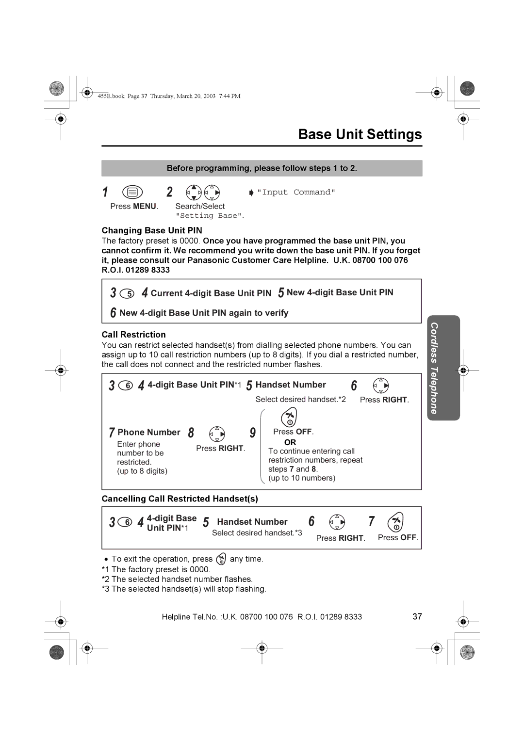 Panasonic KX-TCD455E operating instructions Base Unit Settings, digit Base Unit PIN*1 5 Handset Number 