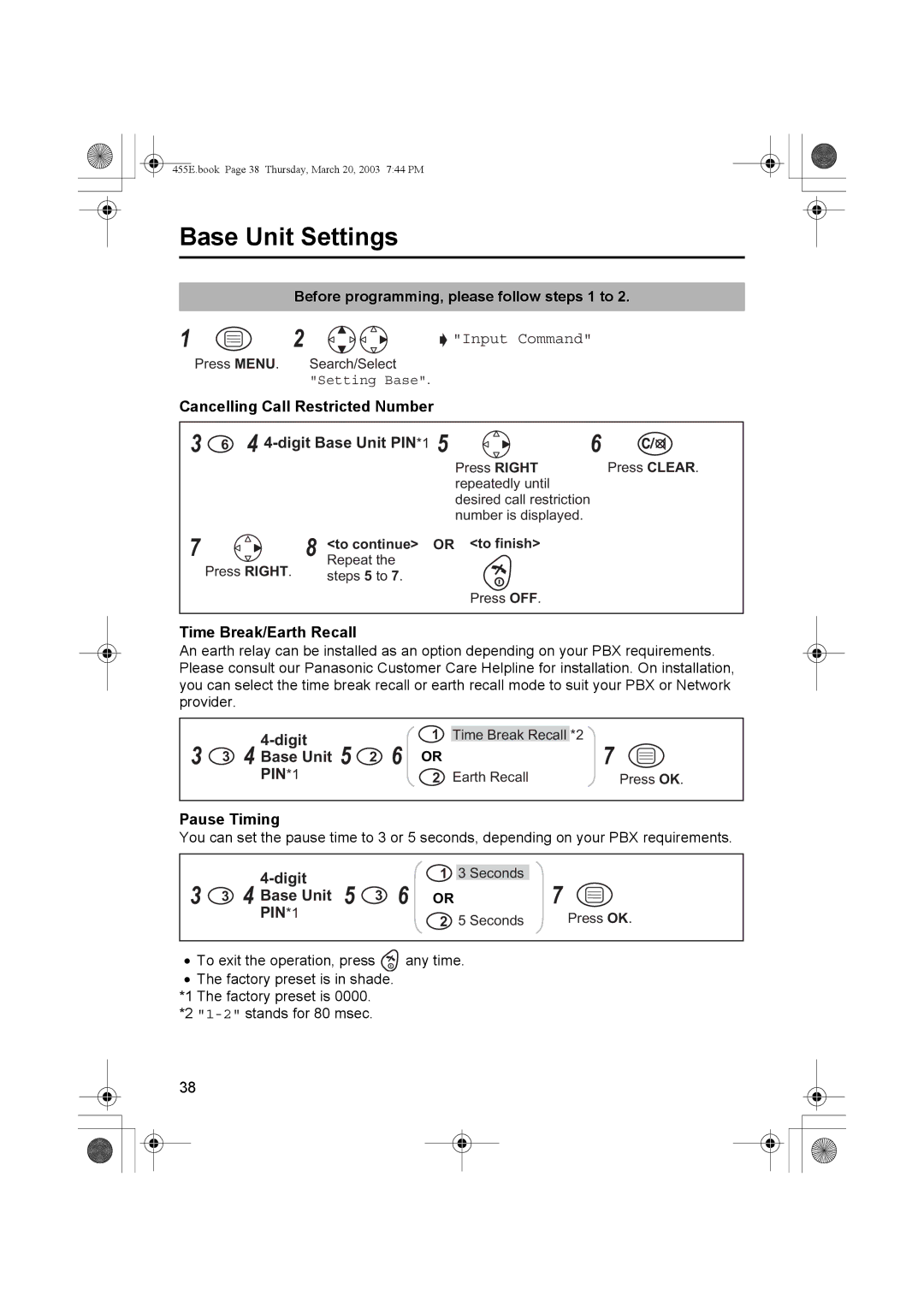 Panasonic KX-TCD455E Cancelling Call Restricted Number 4-digit Base Unit PIN*1, Time Break/Earth Recall, Pause Timing 