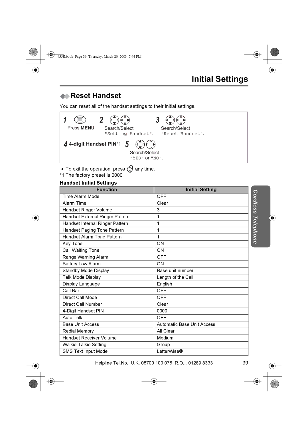 Panasonic KX-TCD455E operating instructions Reset Handset, Digit Handset PIN*1, Handset Initial Settings Function 