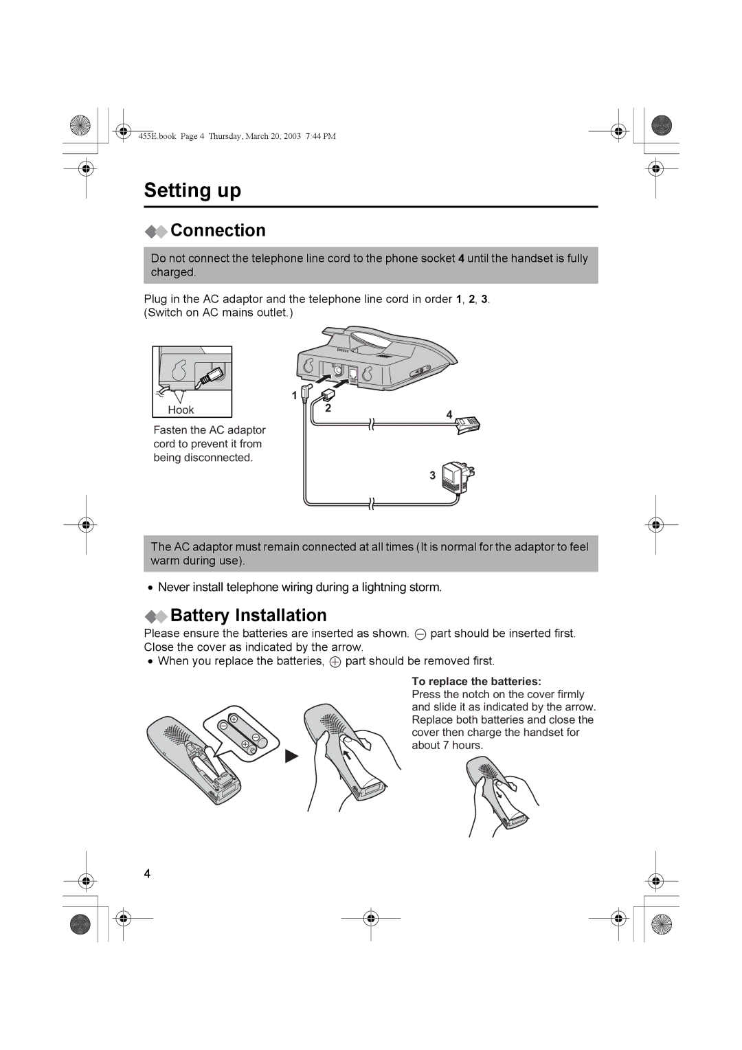 Panasonic KX-TCD455E operating instructions Setting up, Connection, Battery Installation 