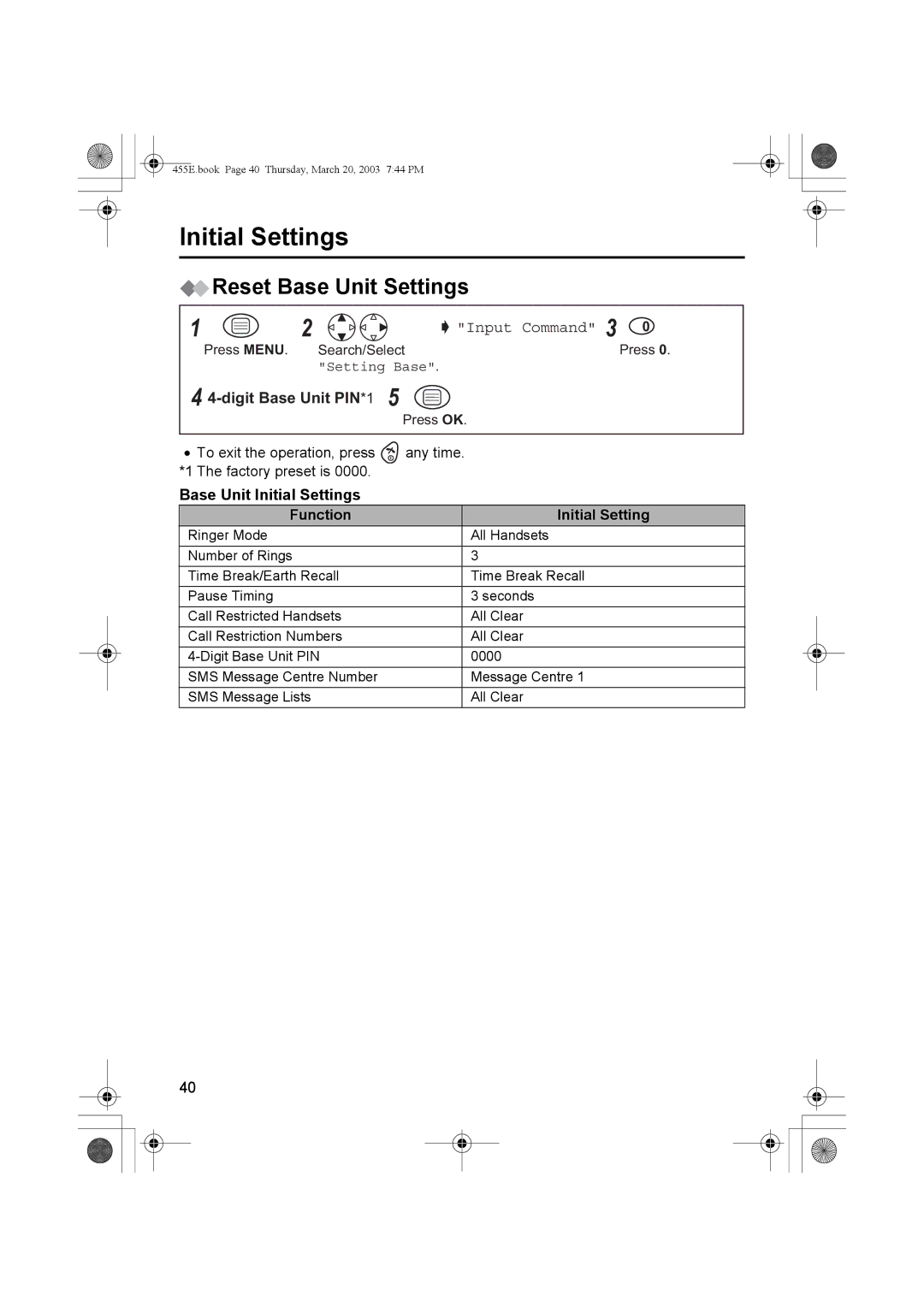 Panasonic KX-TCD455E Reset Base Unit Settings, Digit Base Unit PIN*1, Base Unit Initial Settings Function 