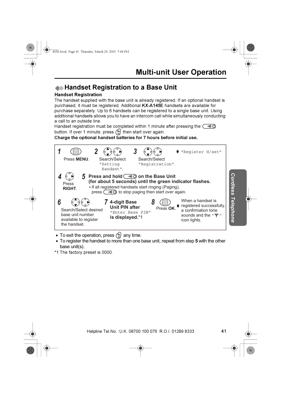 Panasonic KX-TCD455E operating instructions Multi-unit User Operation, Handset Registration to a Base Unit 