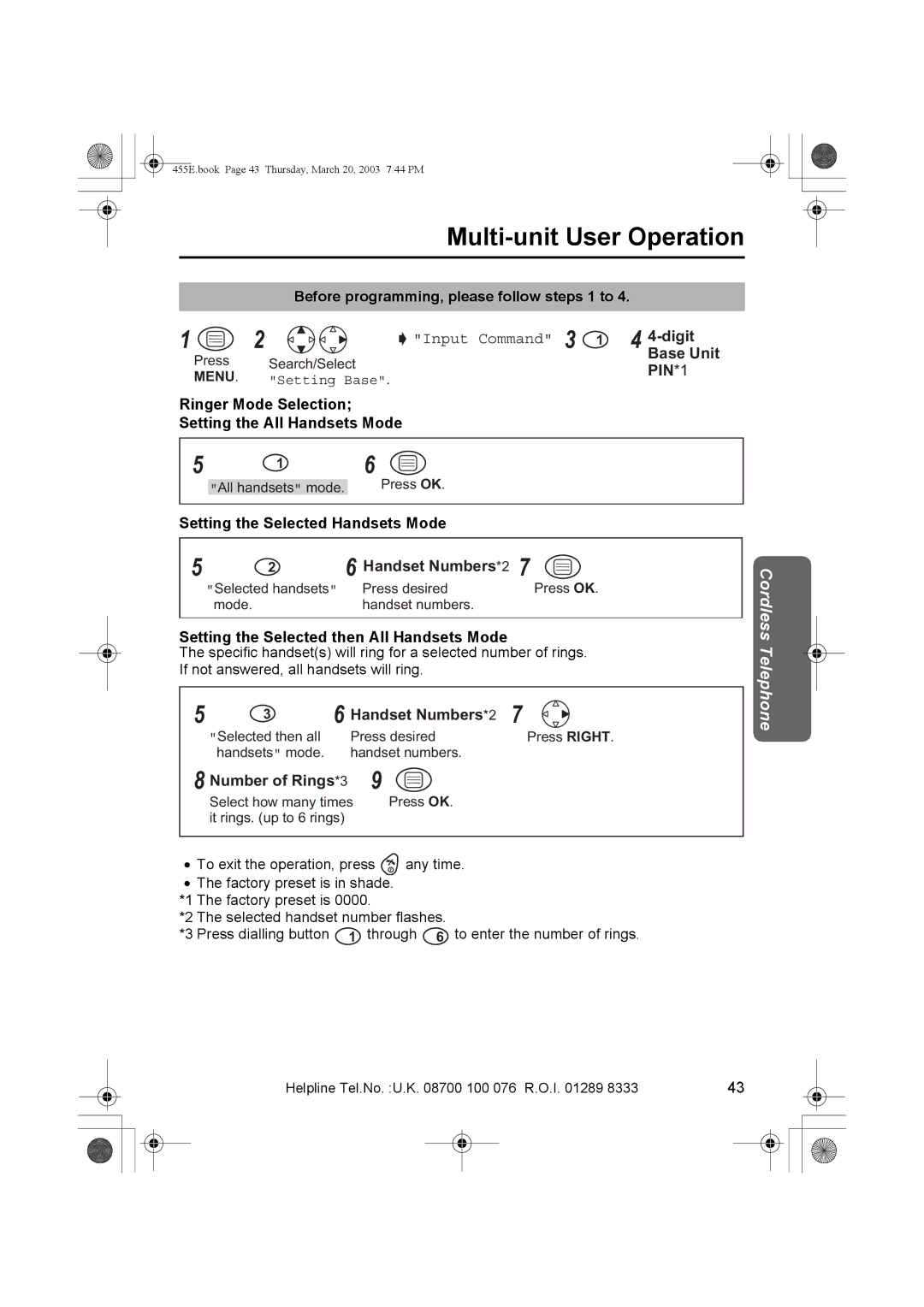 Panasonic KX-TCD455E Ringer Mode Selection Setting the All Handsets Mode, Setting the Selected then All Handsets Mode 