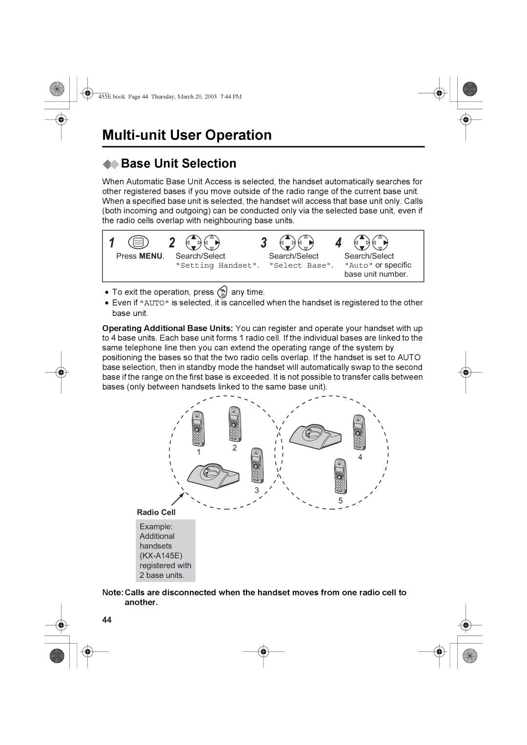 Panasonic KX-TCD455E operating instructions Base Unit Selection, Radio Cell 