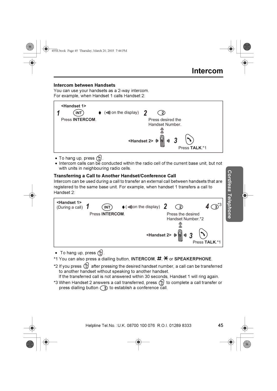 Panasonic KX-TCD455E Intercom between Handsets, Transferring a Call to Another Handset/Conference Call 