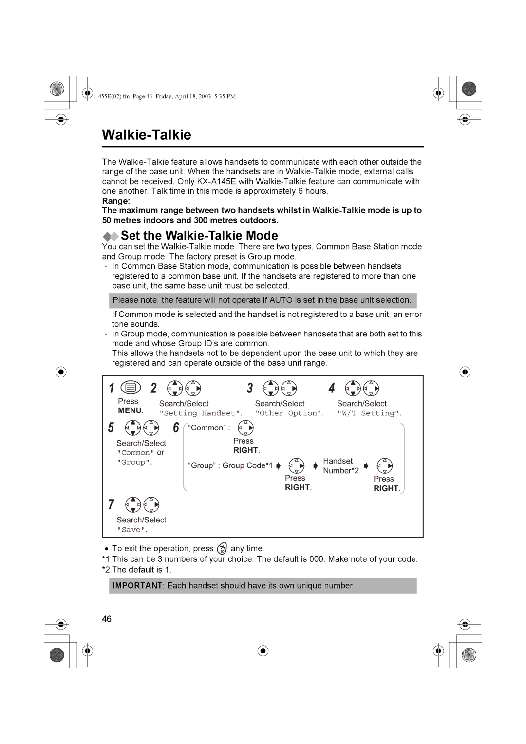 Panasonic KX-TCD455E operating instructions Set the Walkie-Talkie Mode 