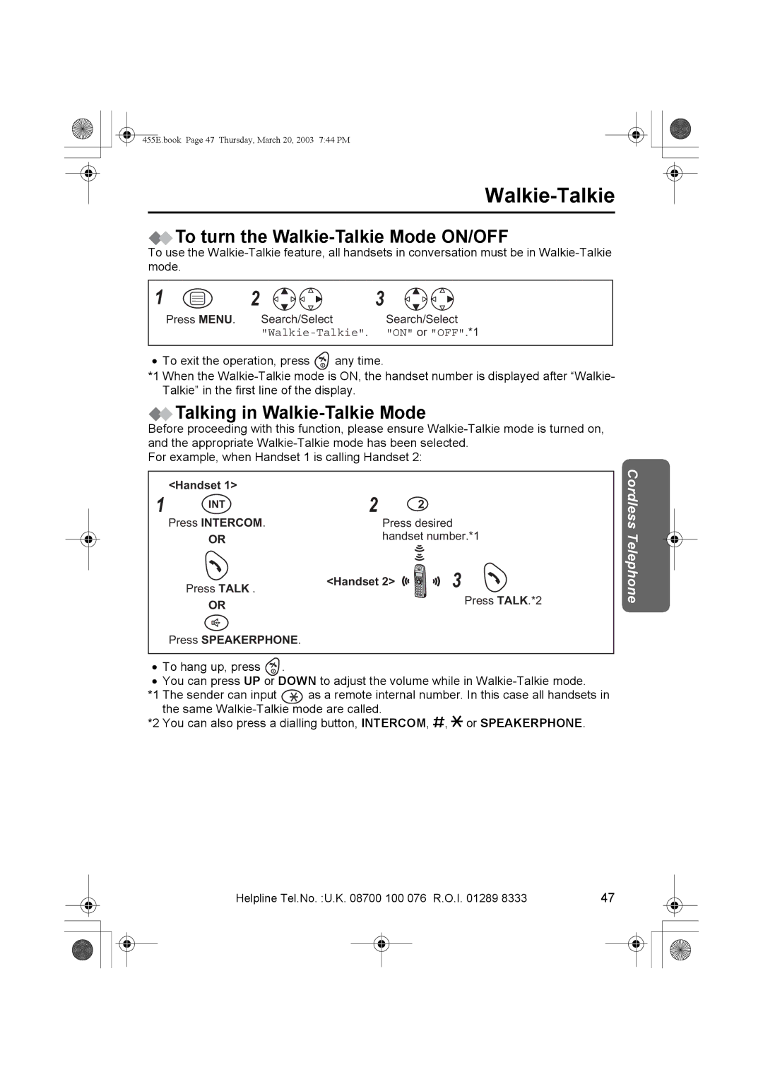 Panasonic KX-TCD455E operating instructions To turn the Walkie-Talkie Mode ON/OFF, Talking in Walkie-Talkie Mode 