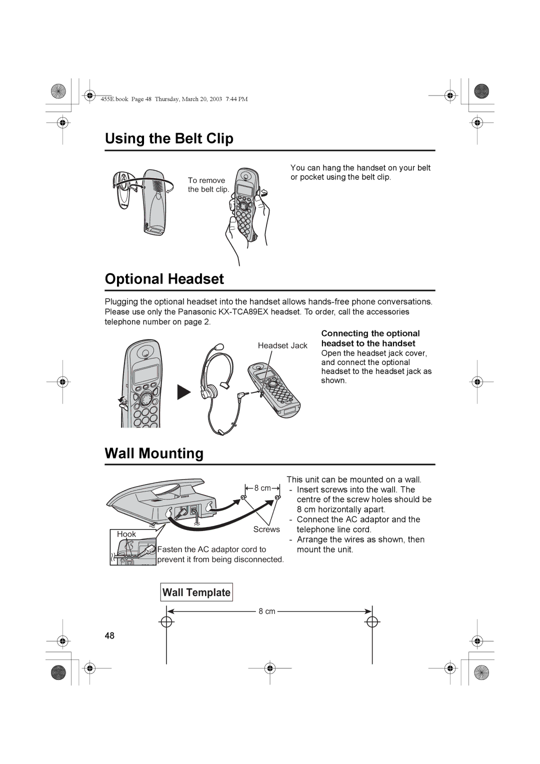 Panasonic KX-TCD455E operating instructions Using the Belt Clip, Optional Headset, Wall Mounting 