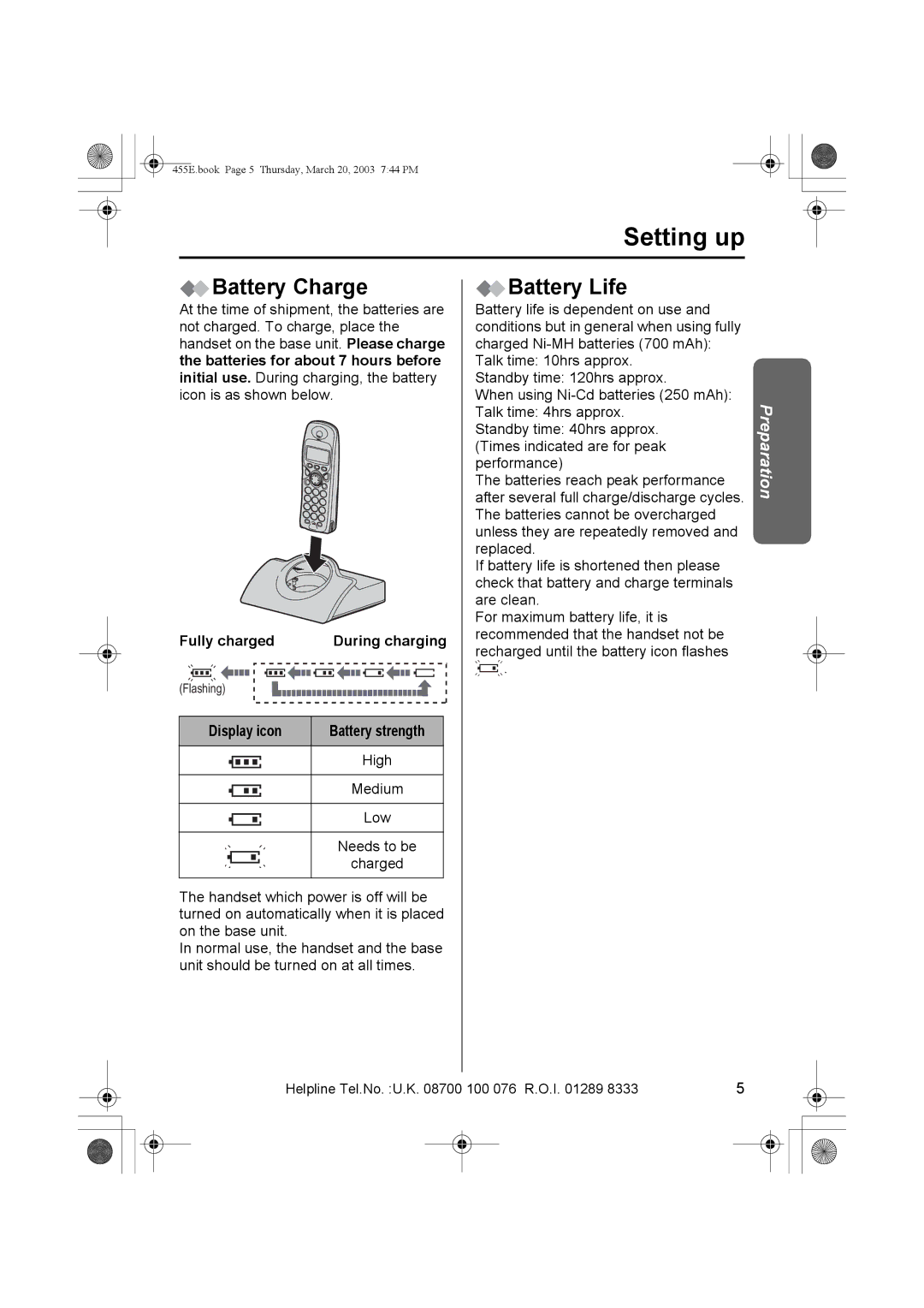 Panasonic KX-TCD455E operating instructions Battery Charge, Battery Life, Fully charged, Display icon 