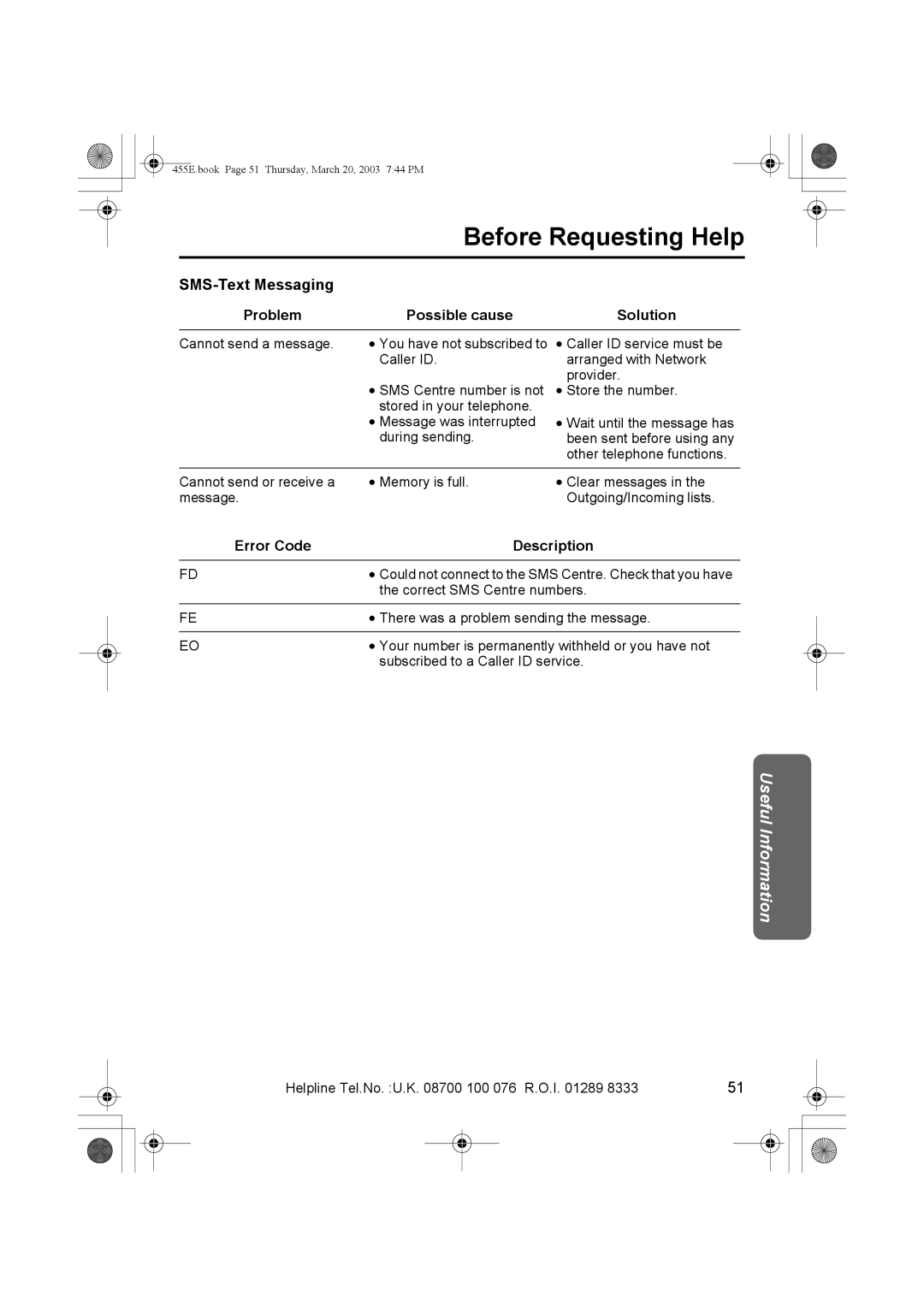 Panasonic KX-TCD455E operating instructions SMS-Text Messaging Problem Possible cause Solution, Error Code Description 