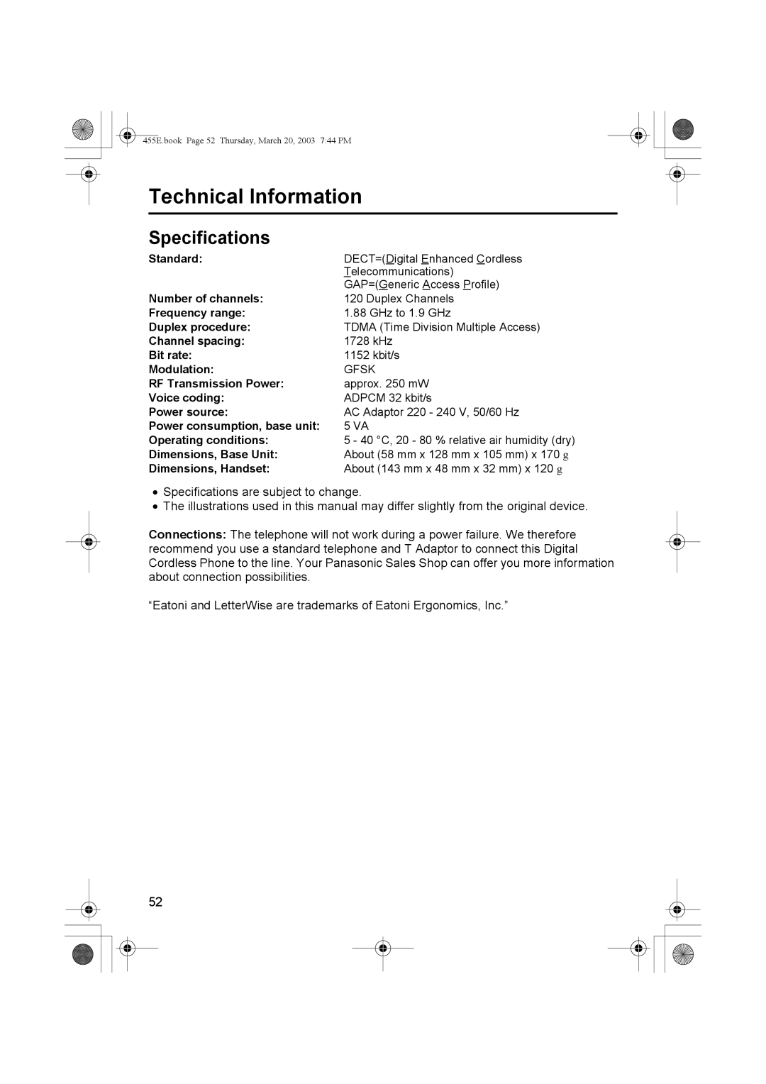 Panasonic KX-TCD455E operating instructions Technical Information, Specifications 