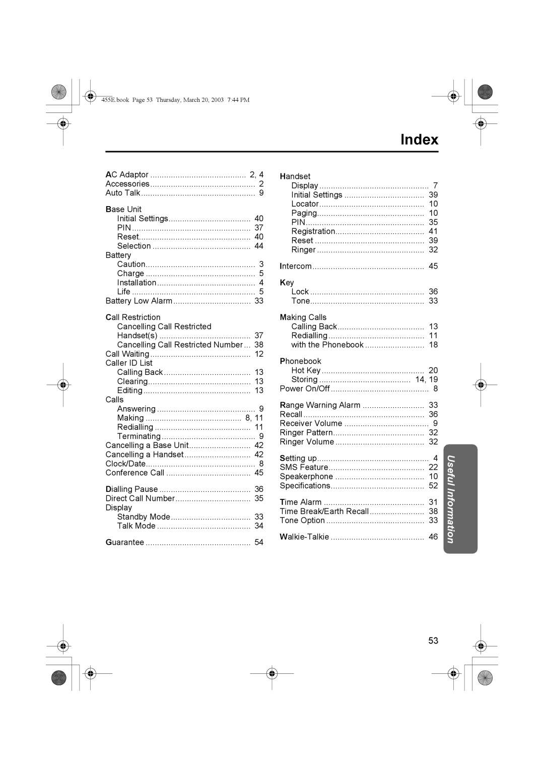 Panasonic KX-TCD455E operating instructions Index, Pin 