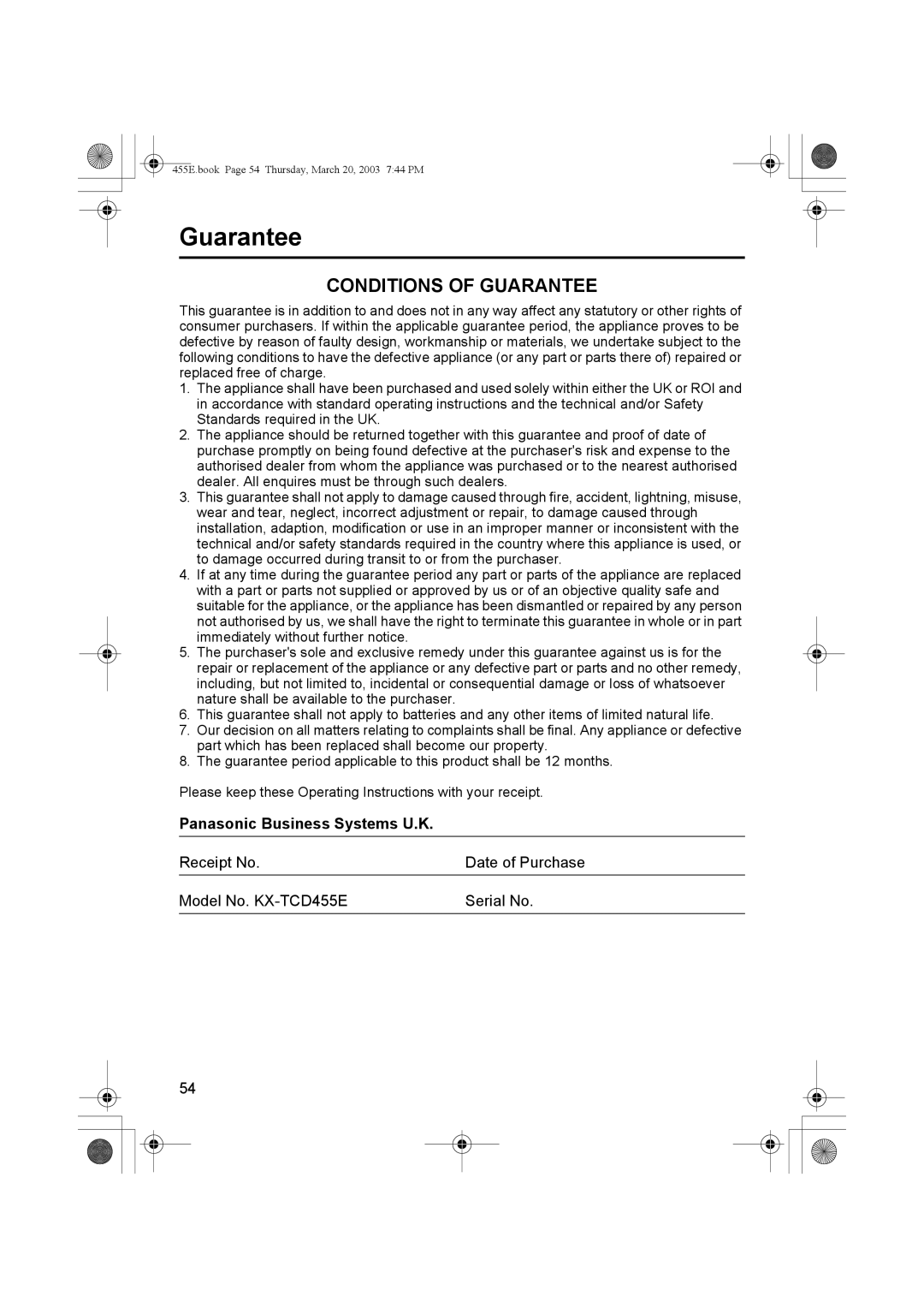 Panasonic KX-TCD455E operating instructions Guarantee, Panasonic Business Systems U.K 