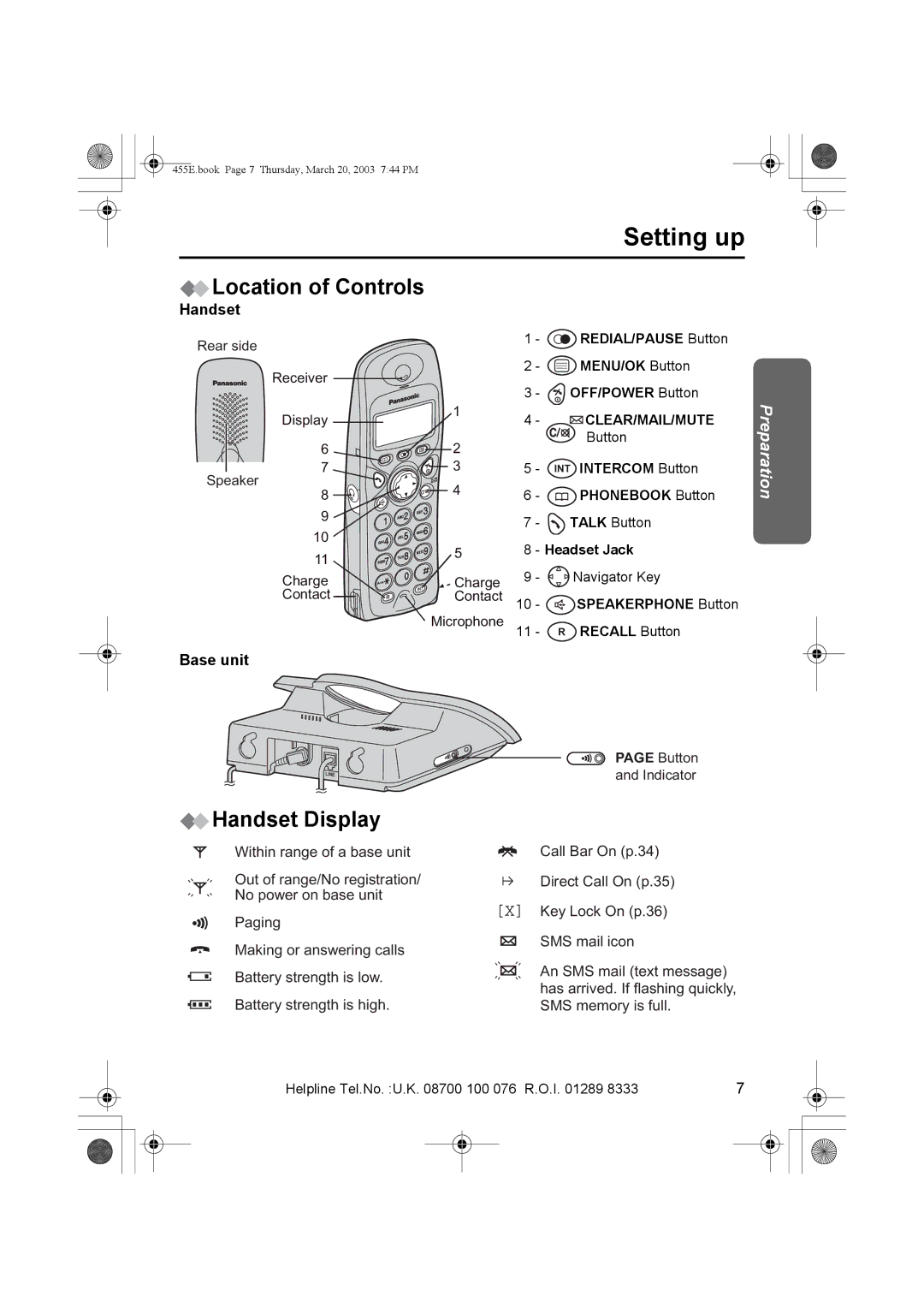 Panasonic KX-TCD455E operating instructions Location of Controls, Handset Display, Base unit 