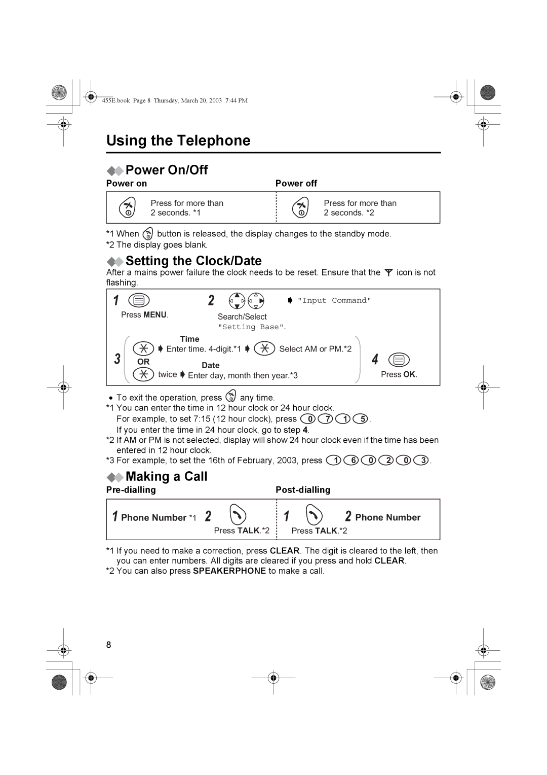 Panasonic KX-TCD455E operating instructions Using the Telephone, Power On/Off, Setting the Clock/Date, Making a Call 