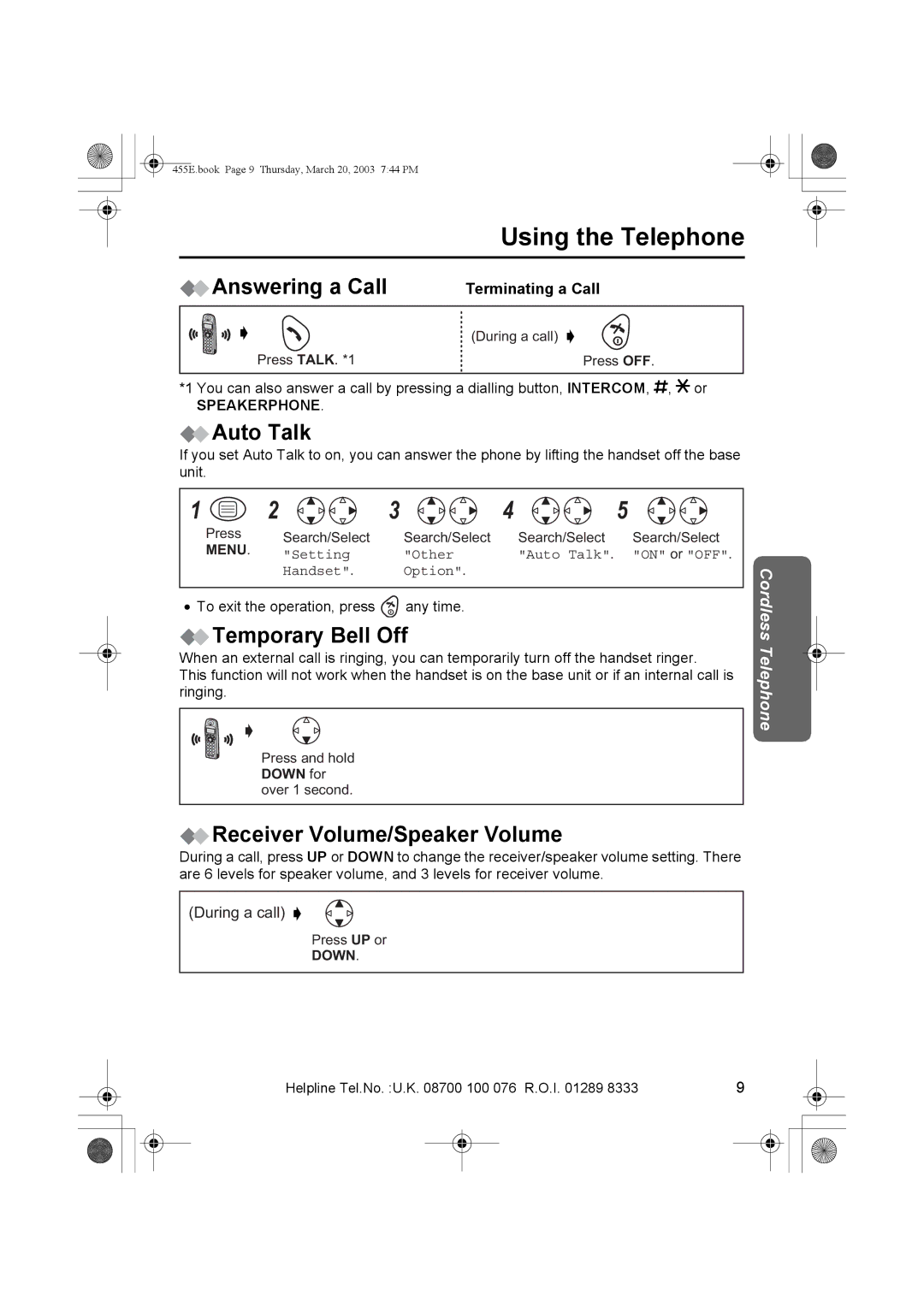 Panasonic KX-TCD455E Answering a Call, Auto Talk, Temporary Bell Off, Receiver Volume/Speaker Volume, Terminating a Call 