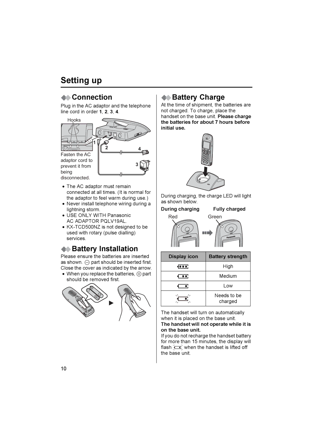 Panasonic KX-TCD500NZ operating instructions Setting up, Connection, Battery Installation, Battery Charge 