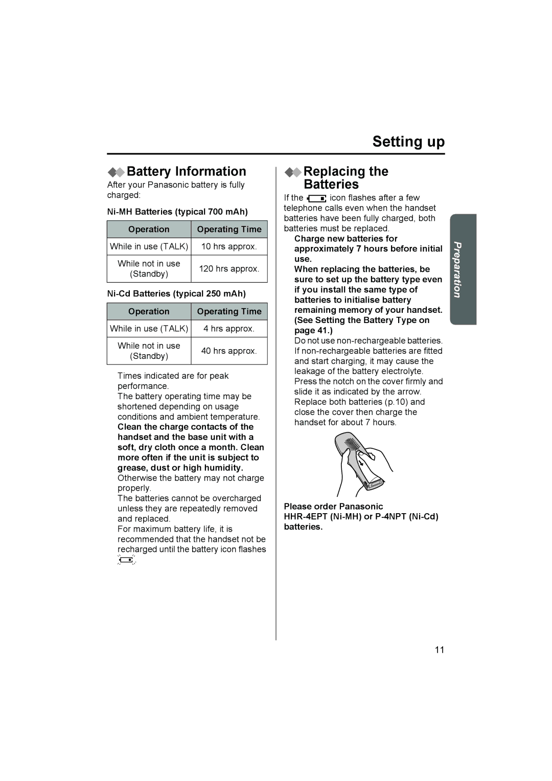 Panasonic KX-TCD500NZ Battery Information, Replacing Batteries, Ni-MH Batteries typical 700 mAh Operation Operating Time 