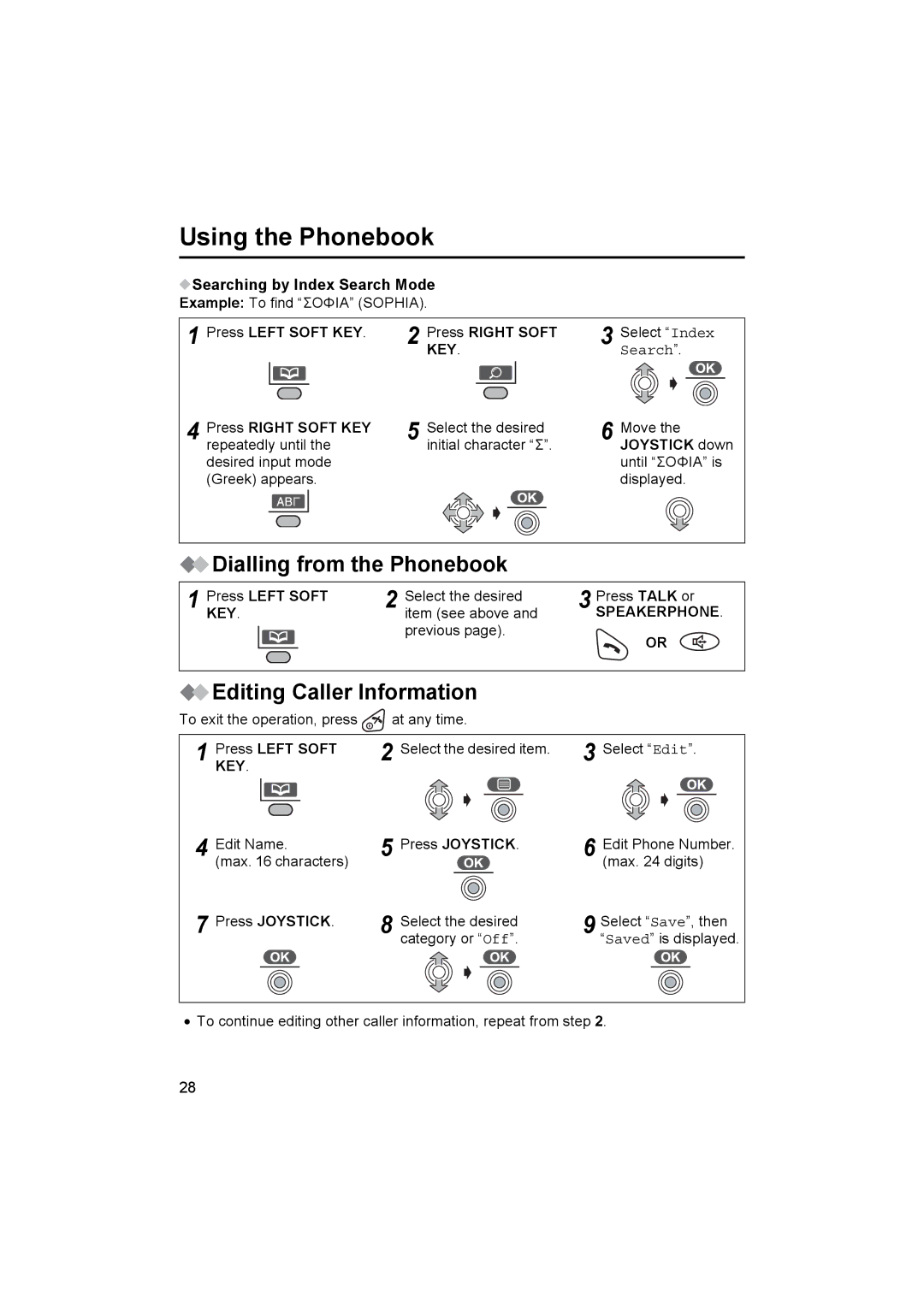 Panasonic KX-TCD500NZ Dialling from the Phonebook, Editing Caller Information, Searching by Index Search Mode 