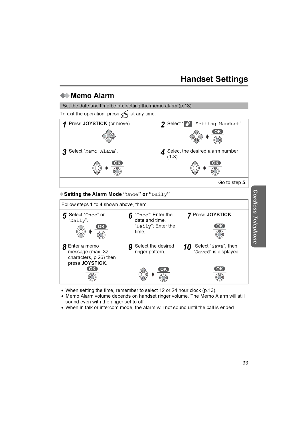 Panasonic KX-TCD500NZ operating instructions Handset Settings, Memo Alarm, Setting the Alarm Mode Once or Daily 