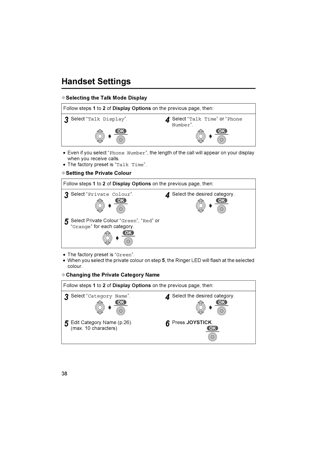 Panasonic KX-TCD500NZ Selecting the Talk Mode Display, Setting the Private Colour, Changing the Private Category Name 