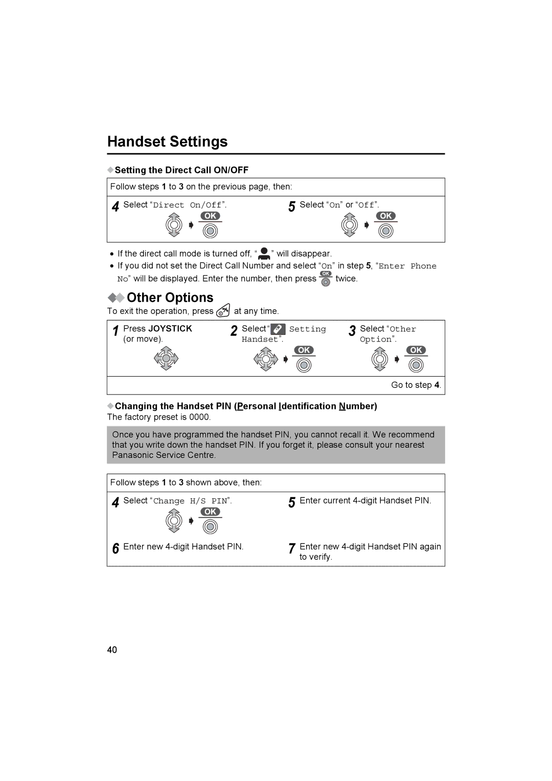 Panasonic KX-TCD500NZ Other Options, Setting the Direct Call ON/OFF, Select Direct On/Off, Select Change H/S PIN 