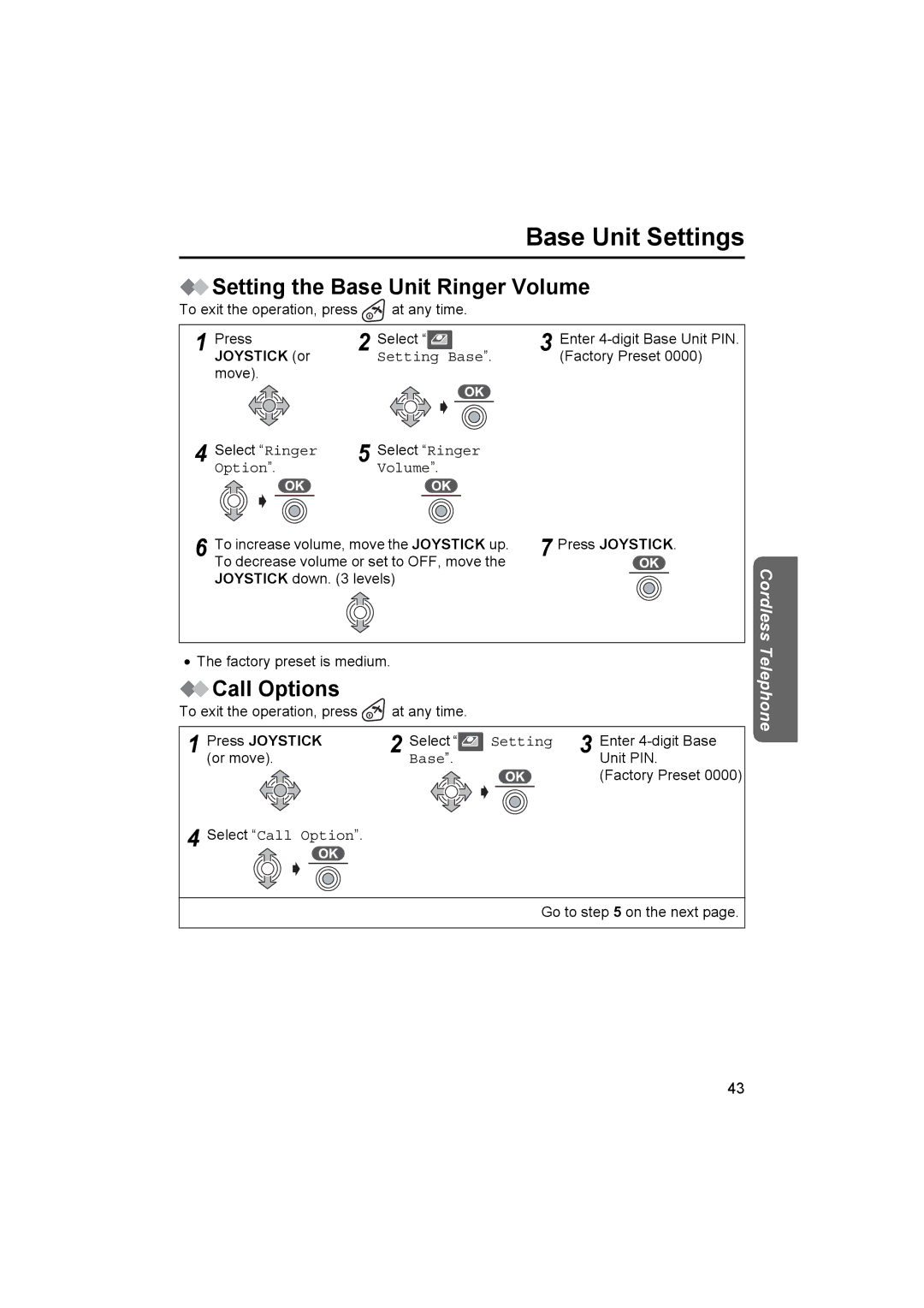 Panasonic KX-TCD500NZ operating instructions Base Unit Settings, Setting the Base Unit Ringer Volume, Joystick or 