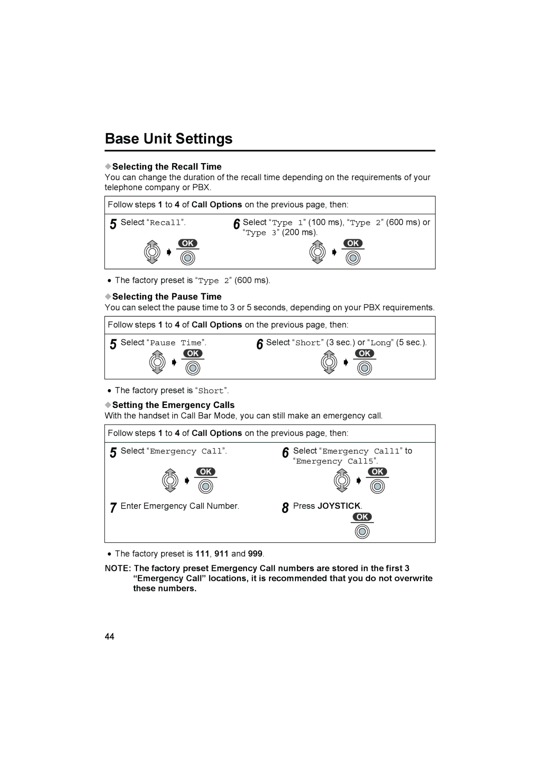 Panasonic KX-TCD500NZ Selecting the Recall Time, Selecting the Pause Time, Setting the Emergency Calls, Emergency Call5 