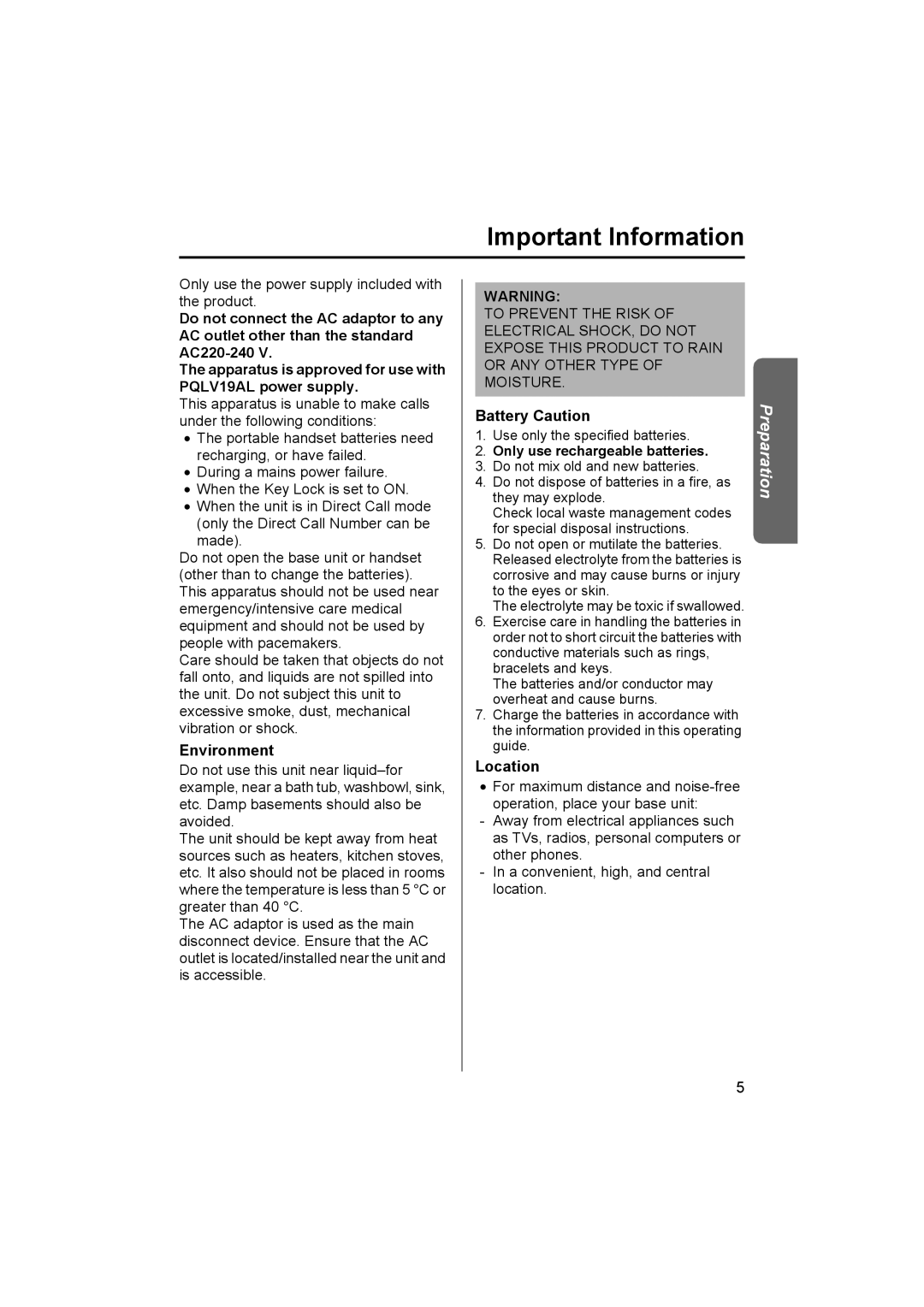 Panasonic KX-TCD500NZ operating instructions Important Information, Environment, Battery Caution, Location 