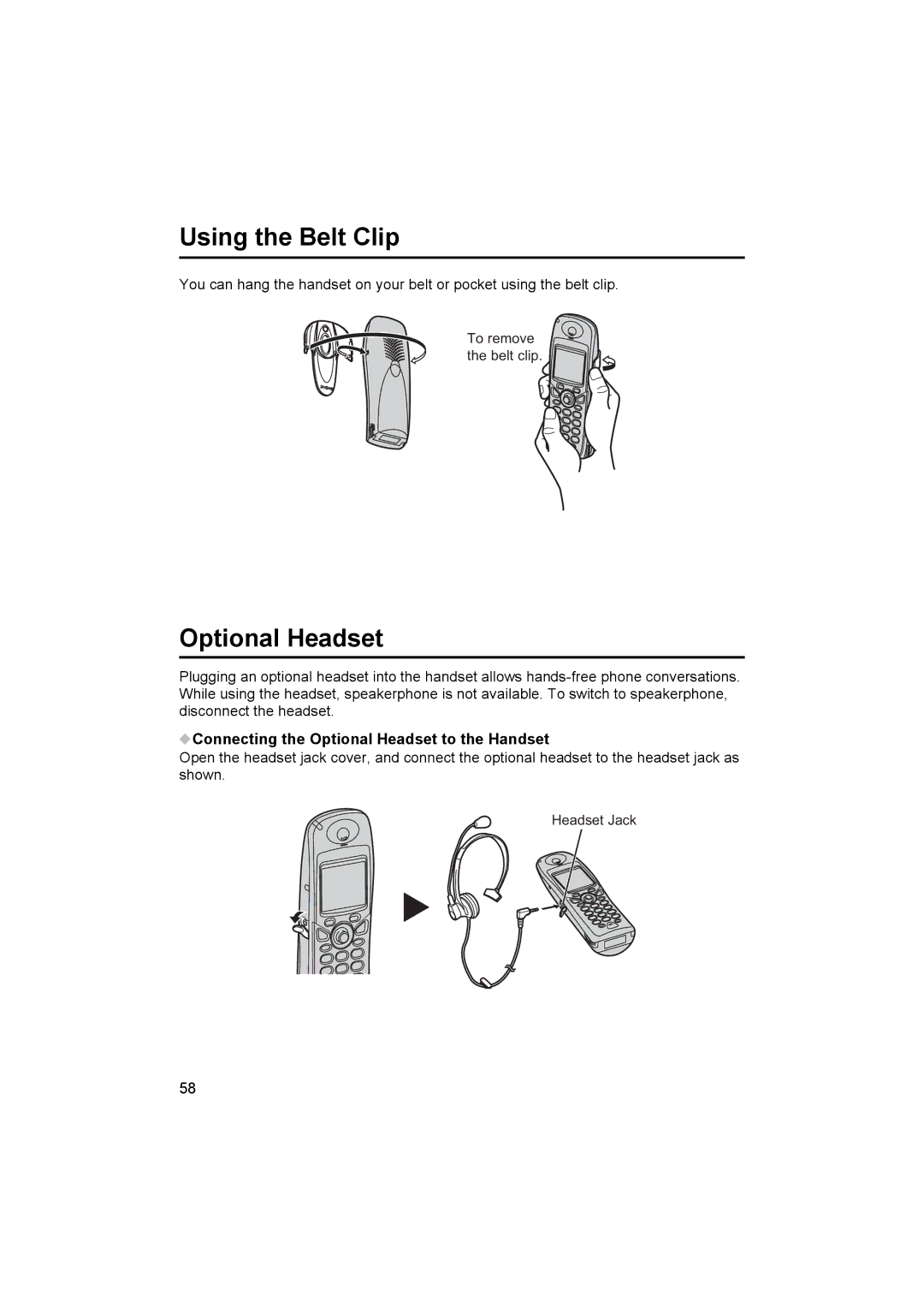 Panasonic KX-TCD500NZ operating instructions Using the Belt Clip, Connecting the Optional Headset to the Handset 