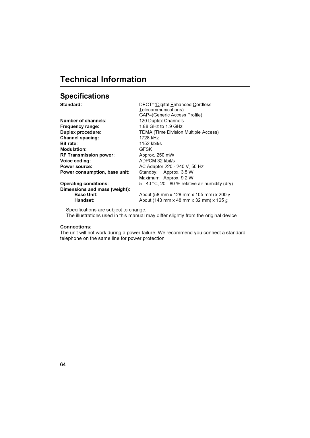 Panasonic KX-TCD500NZ operating instructions Technical Information, Specifications, Connections 