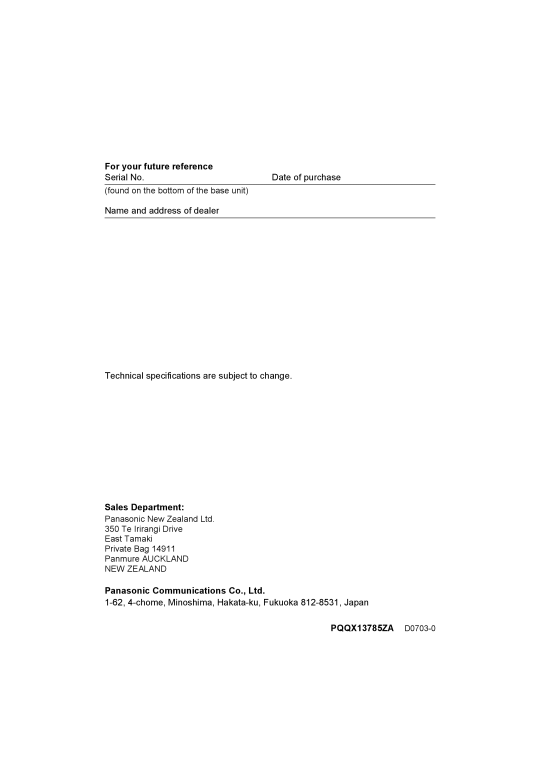 Panasonic KX-TCD500NZ operating instructions For your future reference, Sales Department, PQQX13785ZA D0703-0 