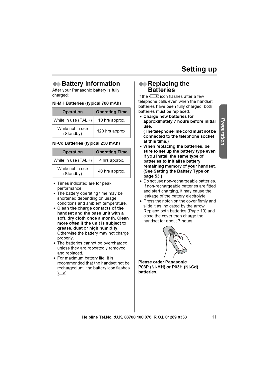 Panasonic KX-TCD505E Battery Information, Replacing Batteries, Ni-MH Batteries typical 700 mAh Operation Operating Time 