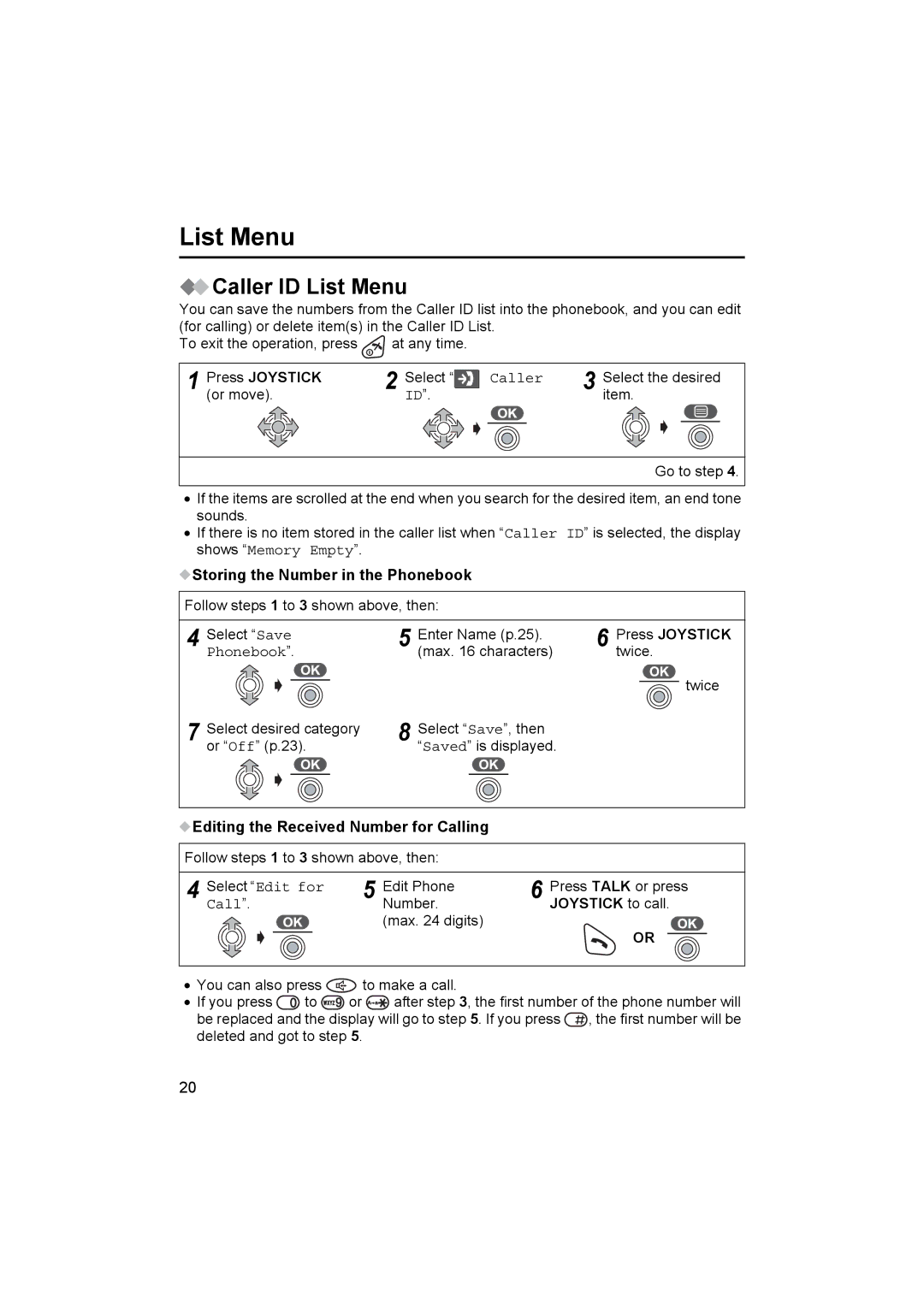 Panasonic KX-TCD505E Caller ID List Menu, Storing the Number in the Phonebook, Editing the Received Number for Calling 