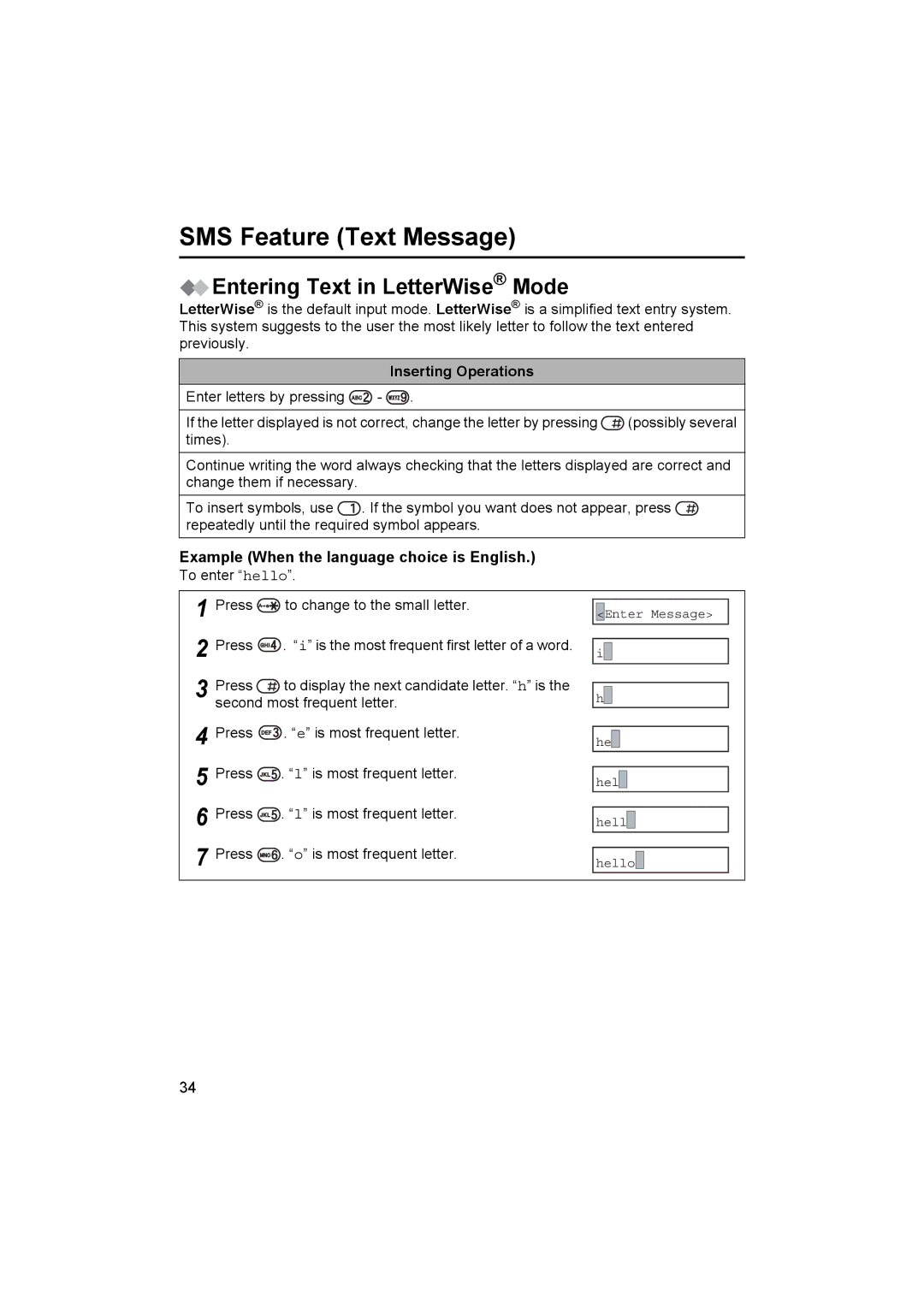 Panasonic KX-TCD505E Entering Text in LetterWise Mode, Inserting Operations, Example When the language choice is English 