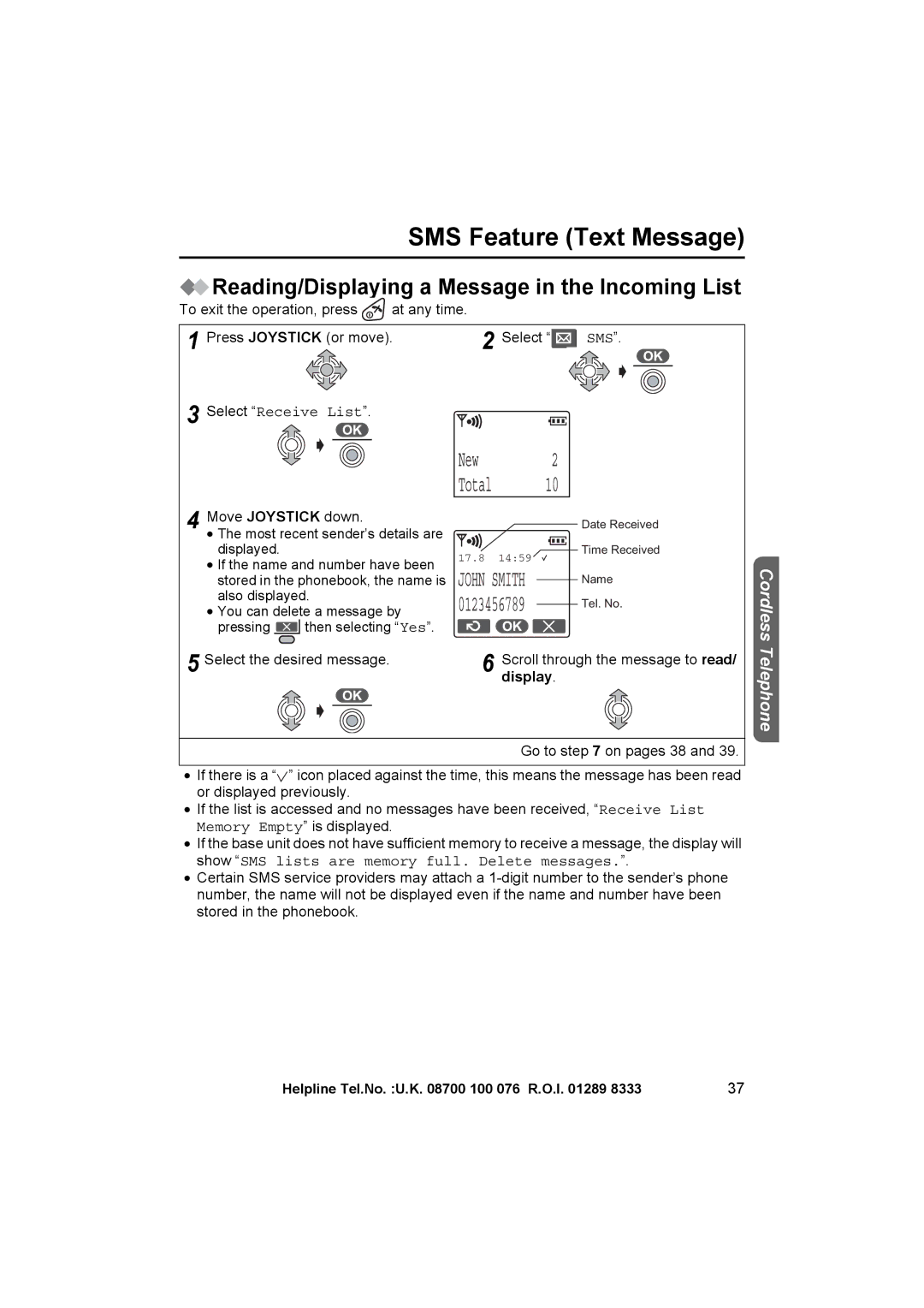 Panasonic KX-TCD505E operating instructions Select Receive List, Display, Show SMS lists are memory full. Delete messages 