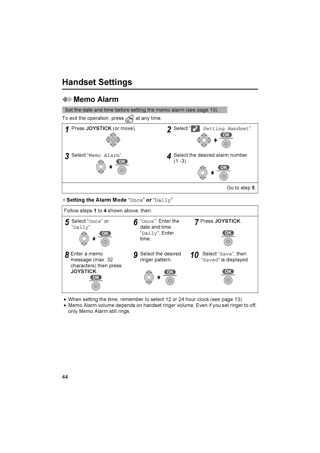 Panasonic KX-TCD505E operating instructions Handset Settings, Memo Alarm, Setting the Alarm Mode Once or Daily 