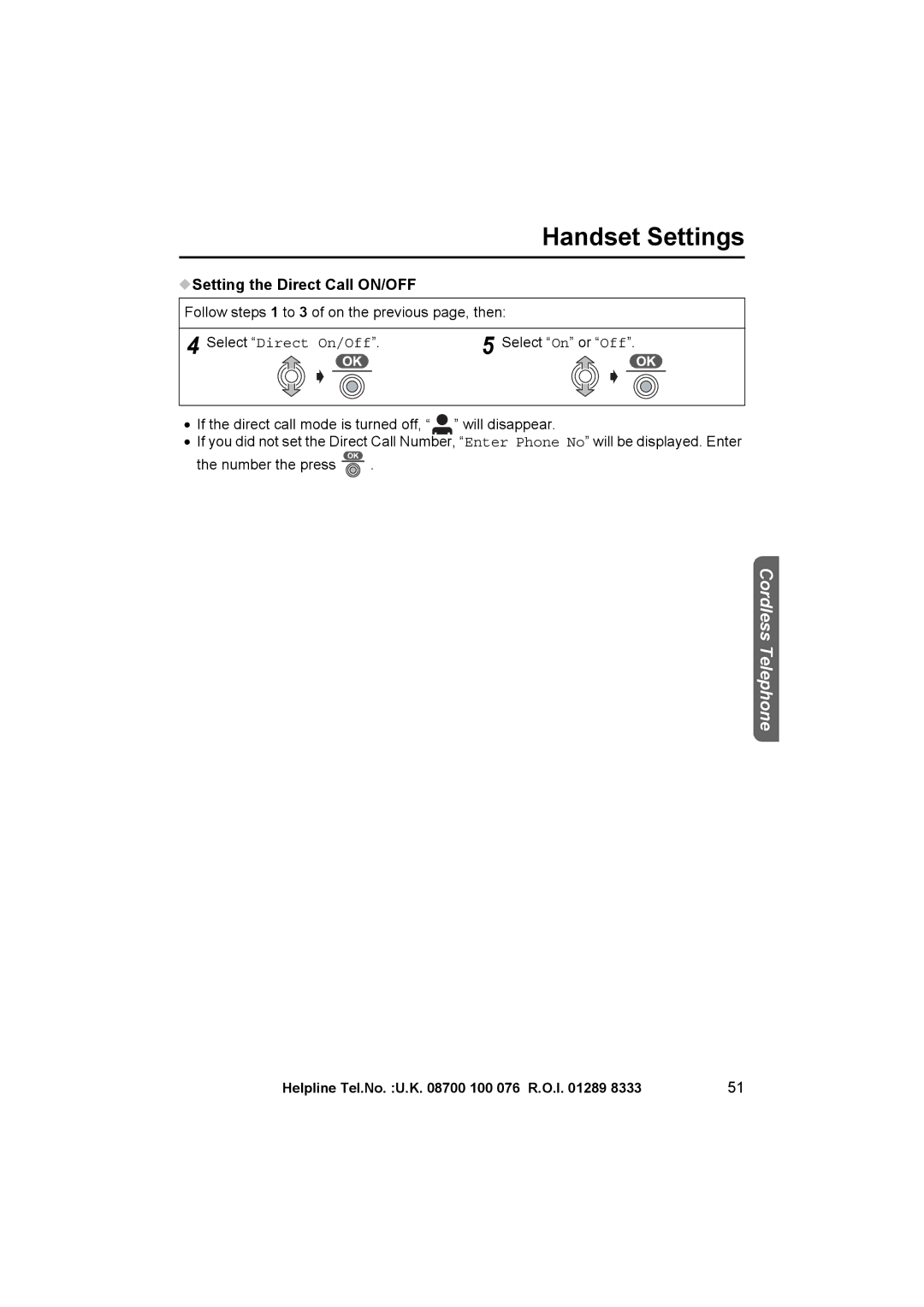 Panasonic KX-TCD505E operating instructions Setting the Direct Call ON/OFF, Select Direct On/Off 