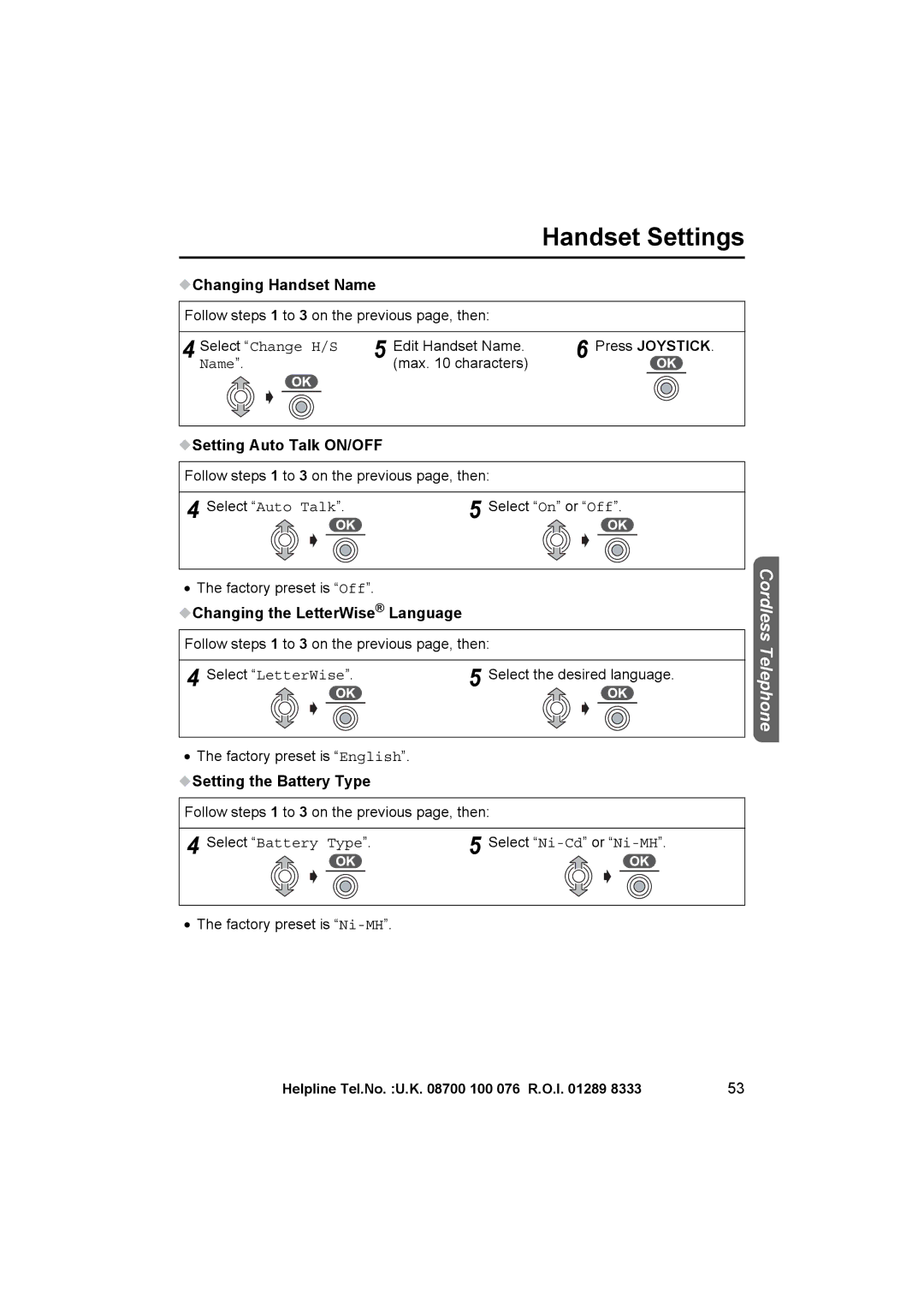 Panasonic KX-TCD505E Changing Handset Name, Setting Auto Talk ON/OFF, Changing the LetterWise Language 