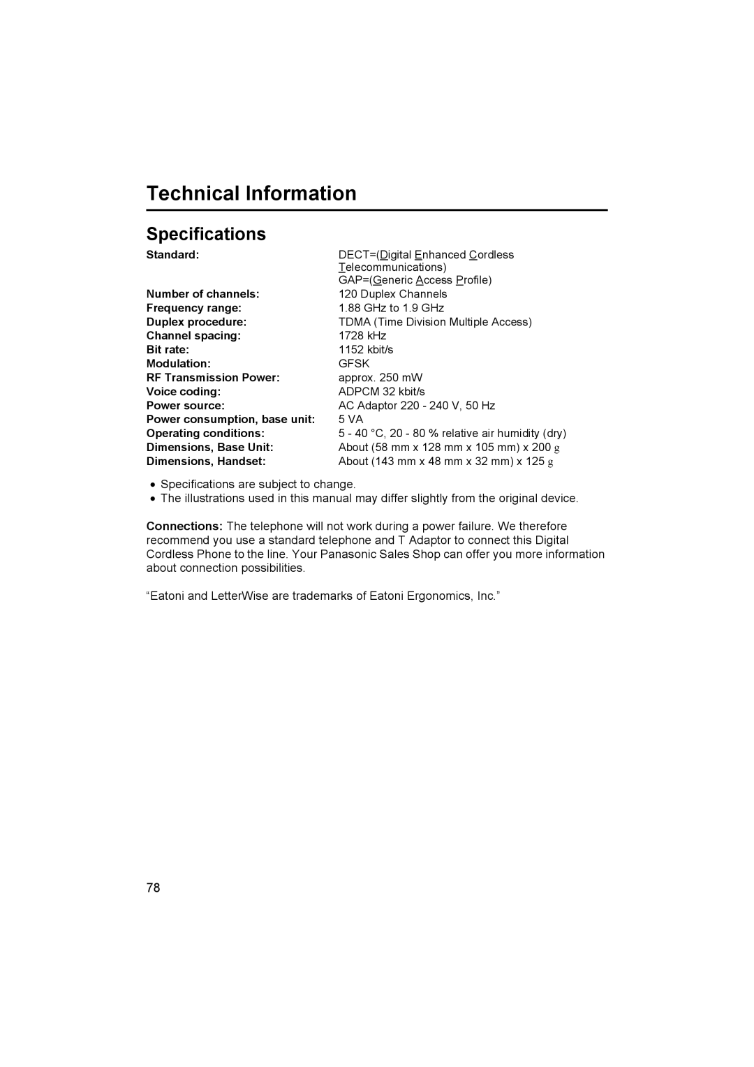 Panasonic KX-TCD505E operating instructions Technical Information, Specifications 