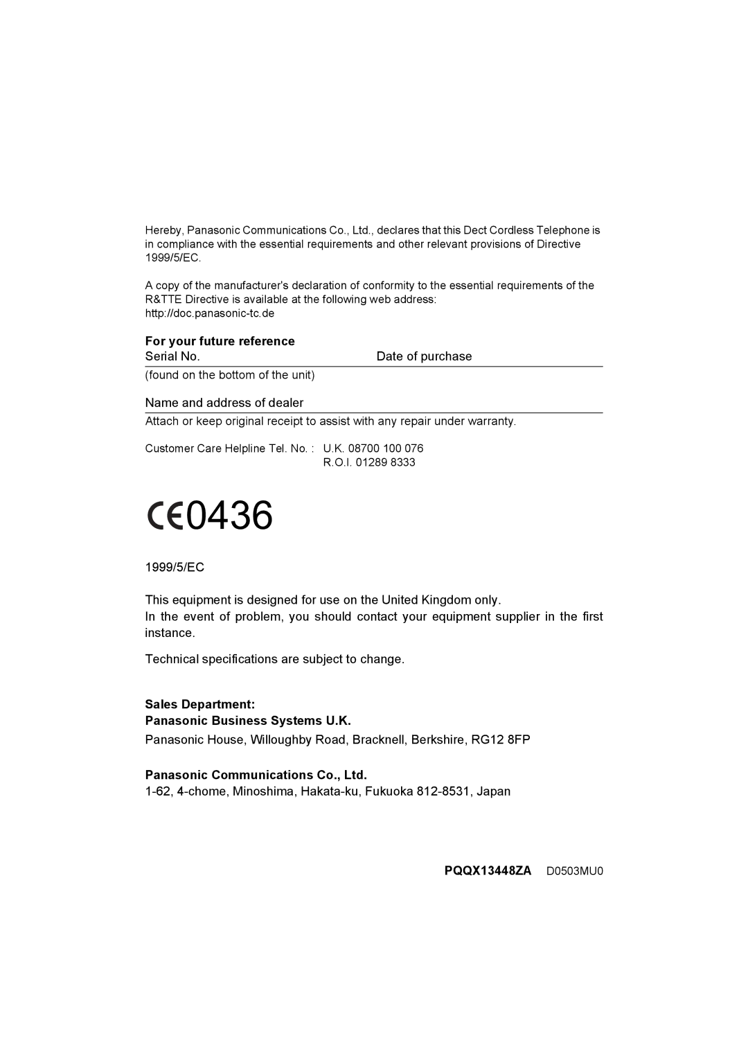 Panasonic KX-TCD505E For your future reference, Sales Department Panasonic Business Systems U.K, PQQX13448ZA D0503MU0 