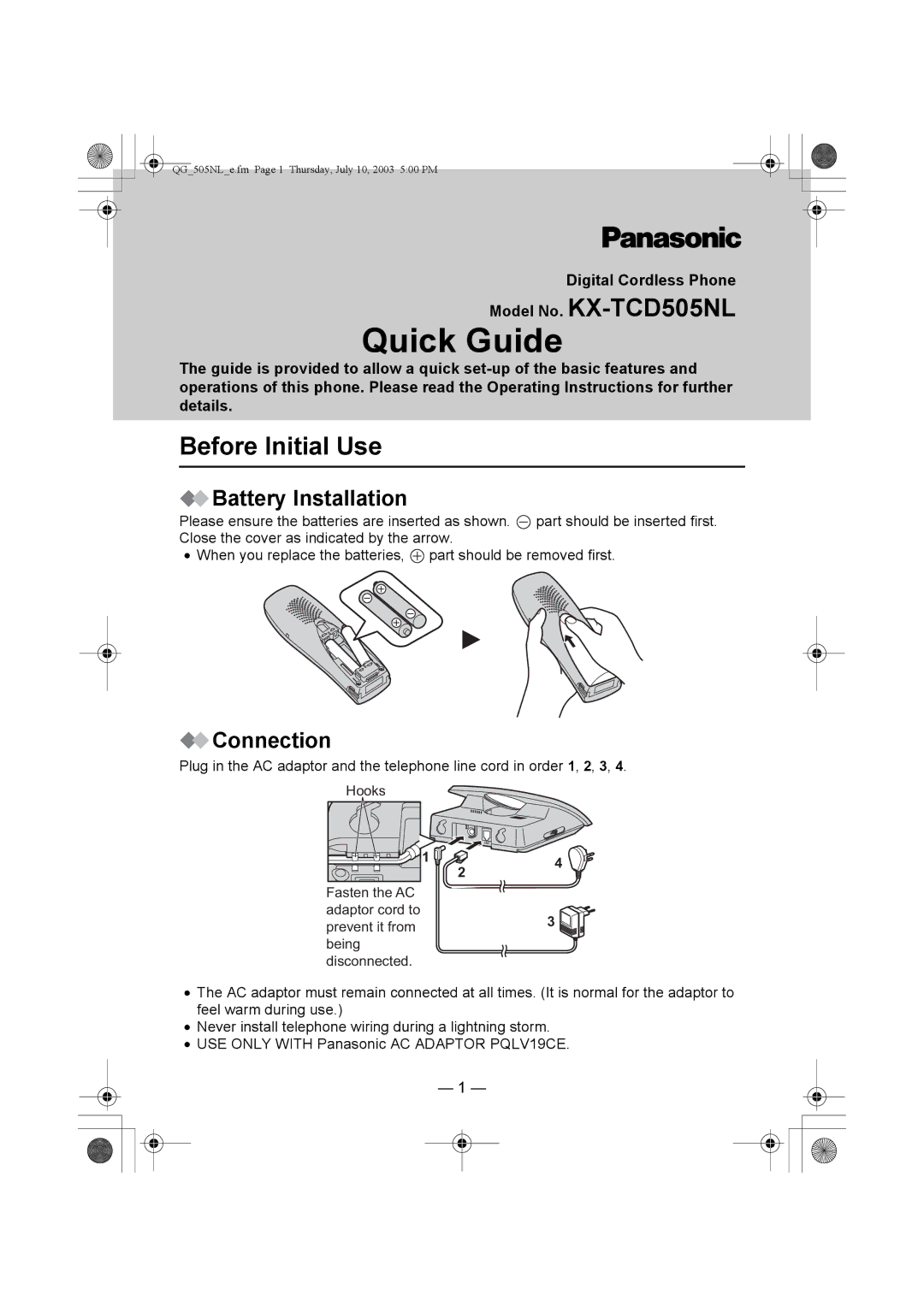 Panasonic operating instructions Model No. KX-TCD505NL, Before Initial Use, Battery Installation, Connection 